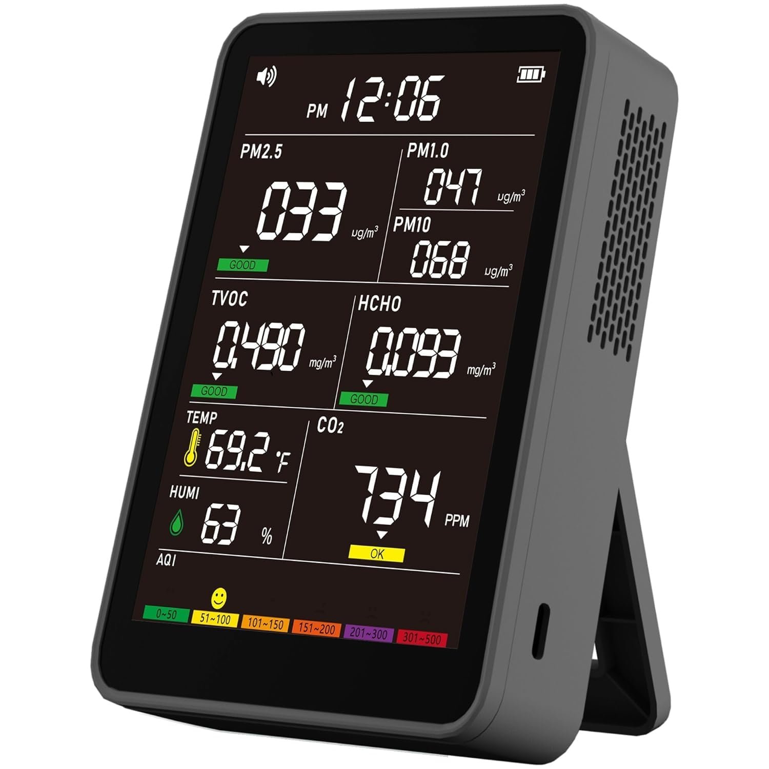 Professional Indoor Air Quality Monitor with AQI Alerts, Portable Real-Time Detector for Home, Car, Plants & Pet