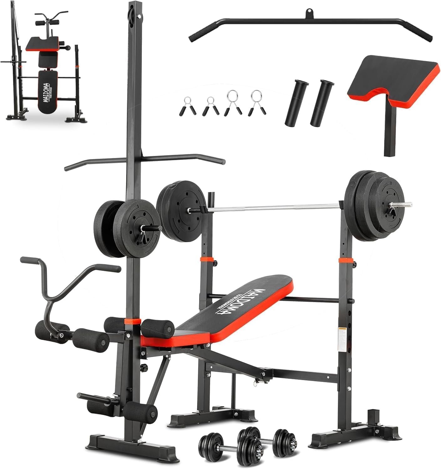 MAIDOMA 1500LBS Foldable 8 IN 1 Weight Bench Set, Adjustable Flat Incline Decline Bench Press with Upgraded Wide Squat Rack and Leg Extension for Full Body Home Gym Workout (US Stock)