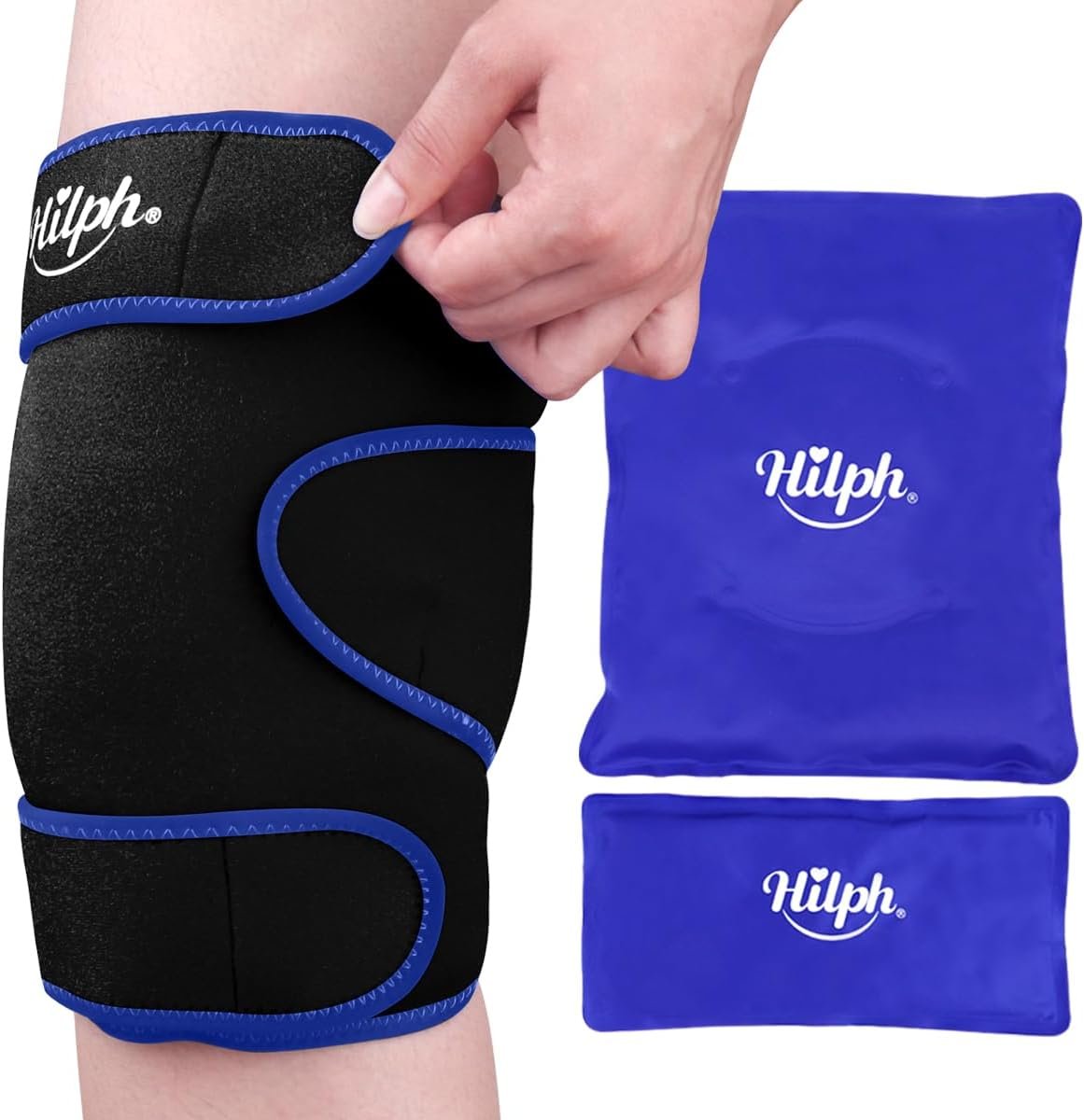 Hilph Large Hot & Cold Therapy Knee Ice Wrap with Dual Gel Packs & Adjustable Brace for Full Knee Coverage, Pain Relief for Replacement Surgery, Arthritis, ACL, Meniscus Tear, Women, Men Black