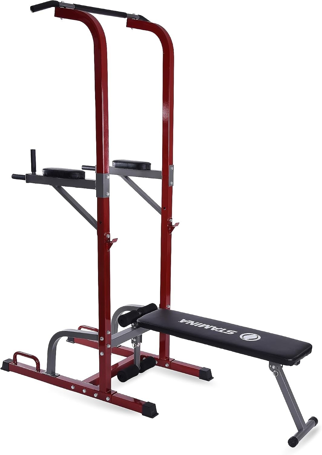 Stamina Full Body Power Tower 735 – Dip Bar with Built-in Bench and Rack – Pull Up Bar Station with Smart Workout App – Dip Bars for Home Workout – Up to 300 lbs Weight Capacity | Dip Bar with Built-in Bench and Rack; Pull Up Bar Station with Smart Workout App; Up to 300 lbs Weight Capacity