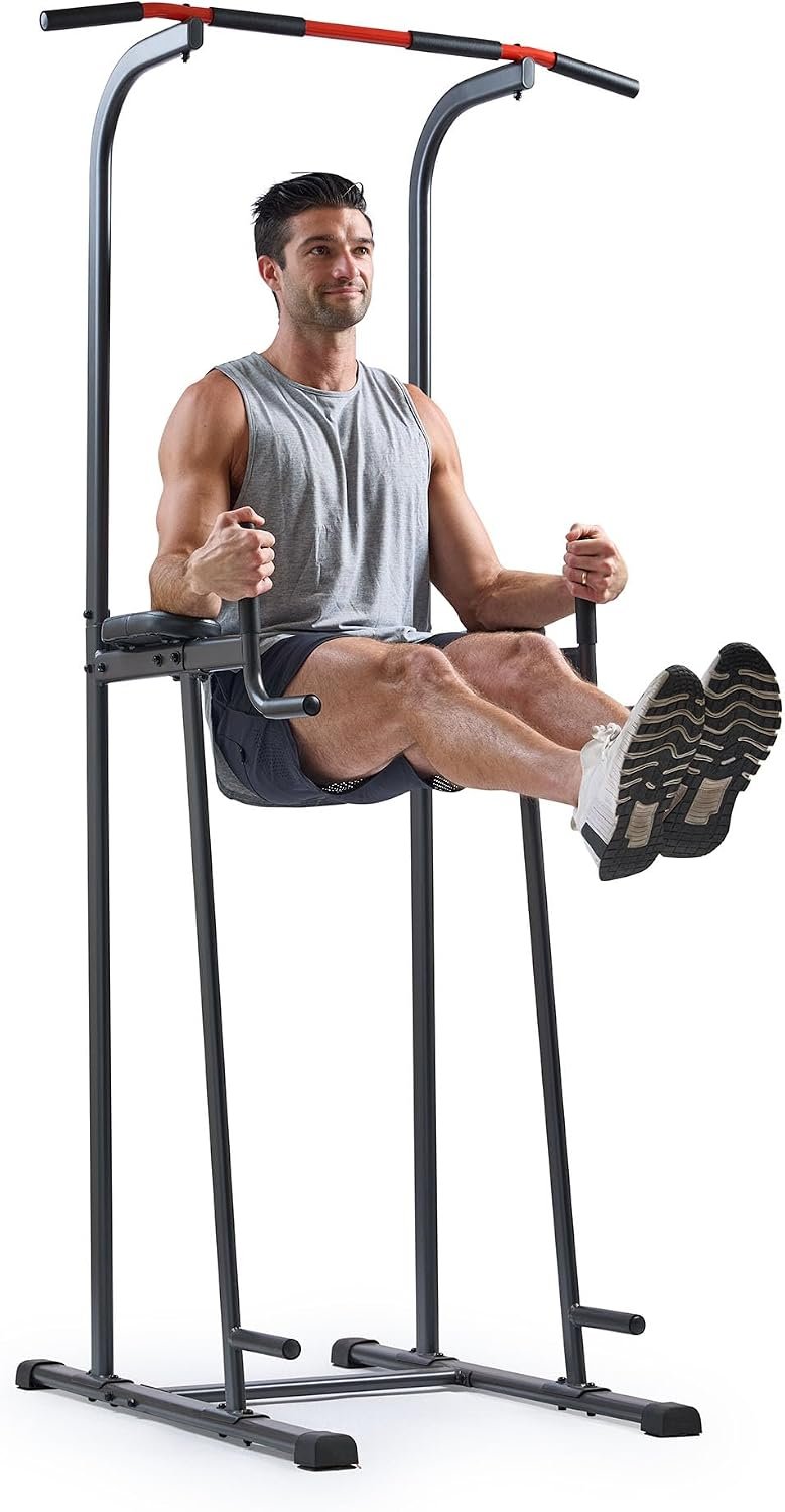 Sunny Health & Fitness Power Tower Dip Station & Pull-Up Bar, Multi-Function Strength Training Equipment with Captain’s Chair, Push-Up Bars & Core Workout for Home Gym