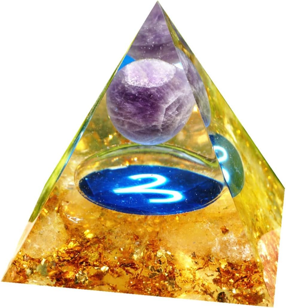 Orgone Pyramid Zodiac Aries Crystal Healing Stone Amethyst Sphere with Citrine for Positive Energy Chakra Reiki Protection Orgonite Pryamids Meditation Gift