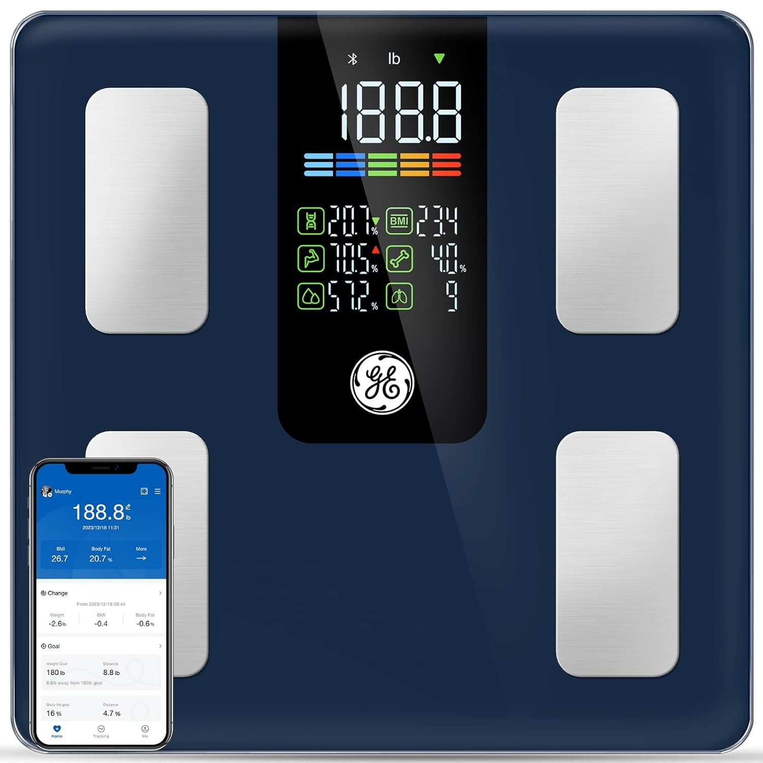 GE Smart Scale for Body Weight, BMI, Fat, Muscle Mass, Digital Bathroom Scales 500lbs Bluetooth 11.8″ Large Platform Weighing Machine Health Monitor with App, Dark Blue