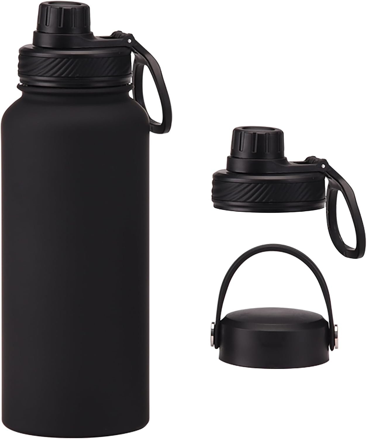 Black 32 oz Insulated Water Bottle, Large Metal Stainless Steel Water Flask, Big Sports Travel Mens Water Bottle for Gym,Hiking,1 liters Leakproof Insulated Thermal Bottle with 2 Lids