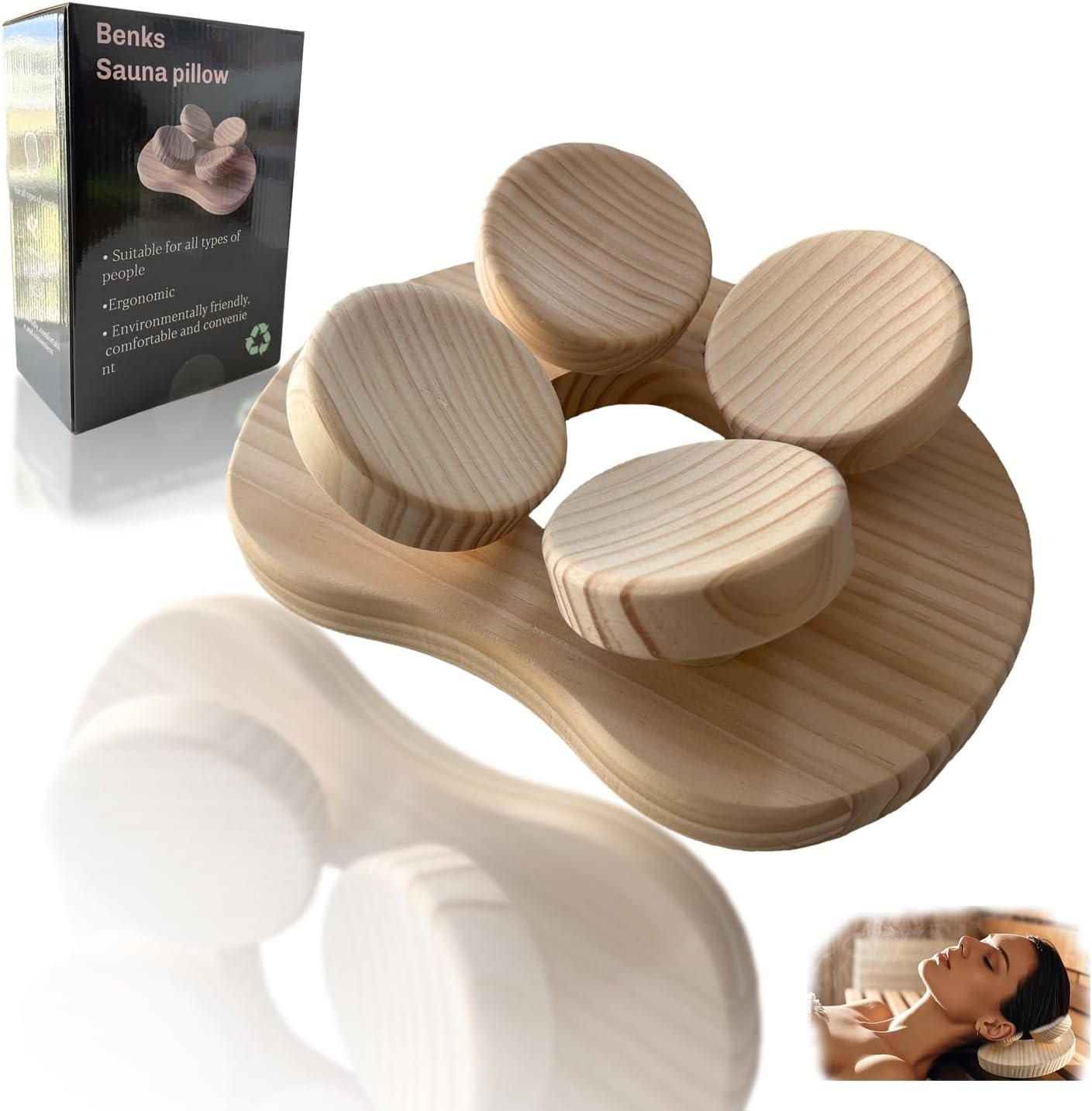 Benks Wooden Sauna Headrest with rotatable disc, Sauna Pillow，Sauna Accessory for Stiff Neck, Shoulder Pain, Head Health and Relaxation