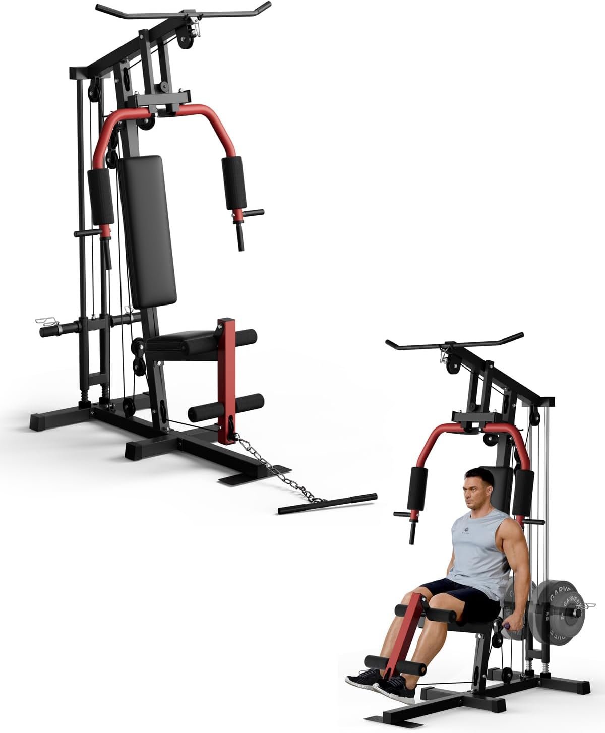 5-in-1 Multifunctional Home Gym Equipment: Full Body Workout Machine with LAT Pulldown, Chest Press, Leg Extension & Seated Row | 300 LB Capacity | Fits 1 in & 2 in Weight Plates (Not Included)