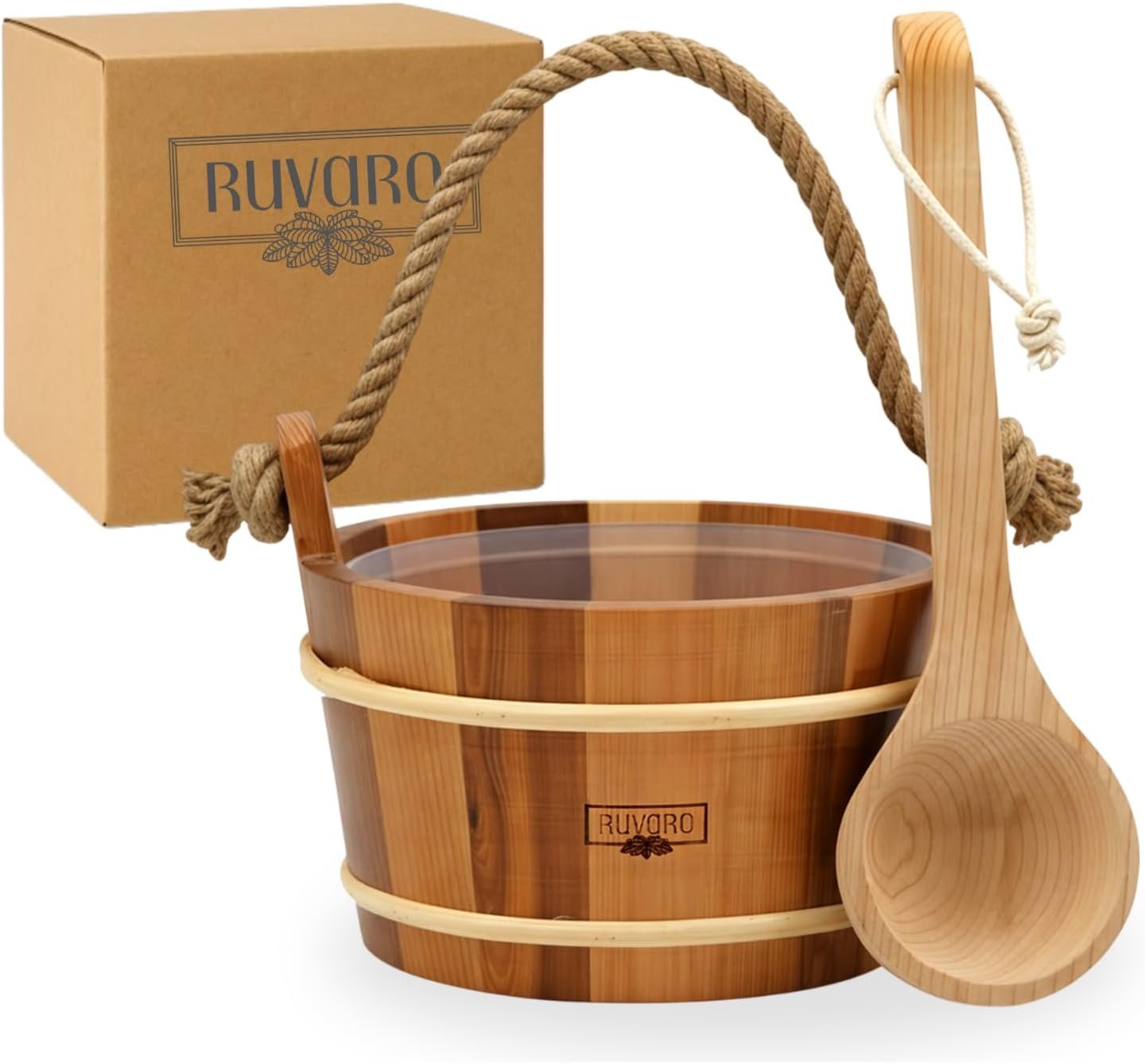 Sauna Bucket and Ladle Set – Handcrafted from Canadian Red Cedar Wood – 1 Gallon (4Liters) Water Capacity – Leakproof Liner – Natural Rope Handle – Luxury Sauna Accessories Set