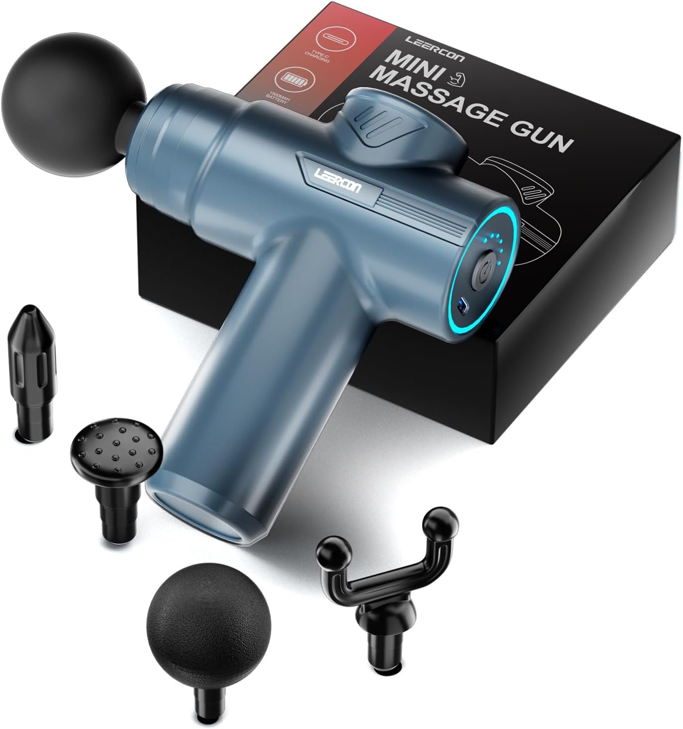 LEERCON Small Massage Gun Handheld Deep Tissue Massager Gun for Pain Relief | Muscle Massager with 6 Speeds and 4 Heads Massage Gun for Athletes Ideal Gift for Men Women Blue