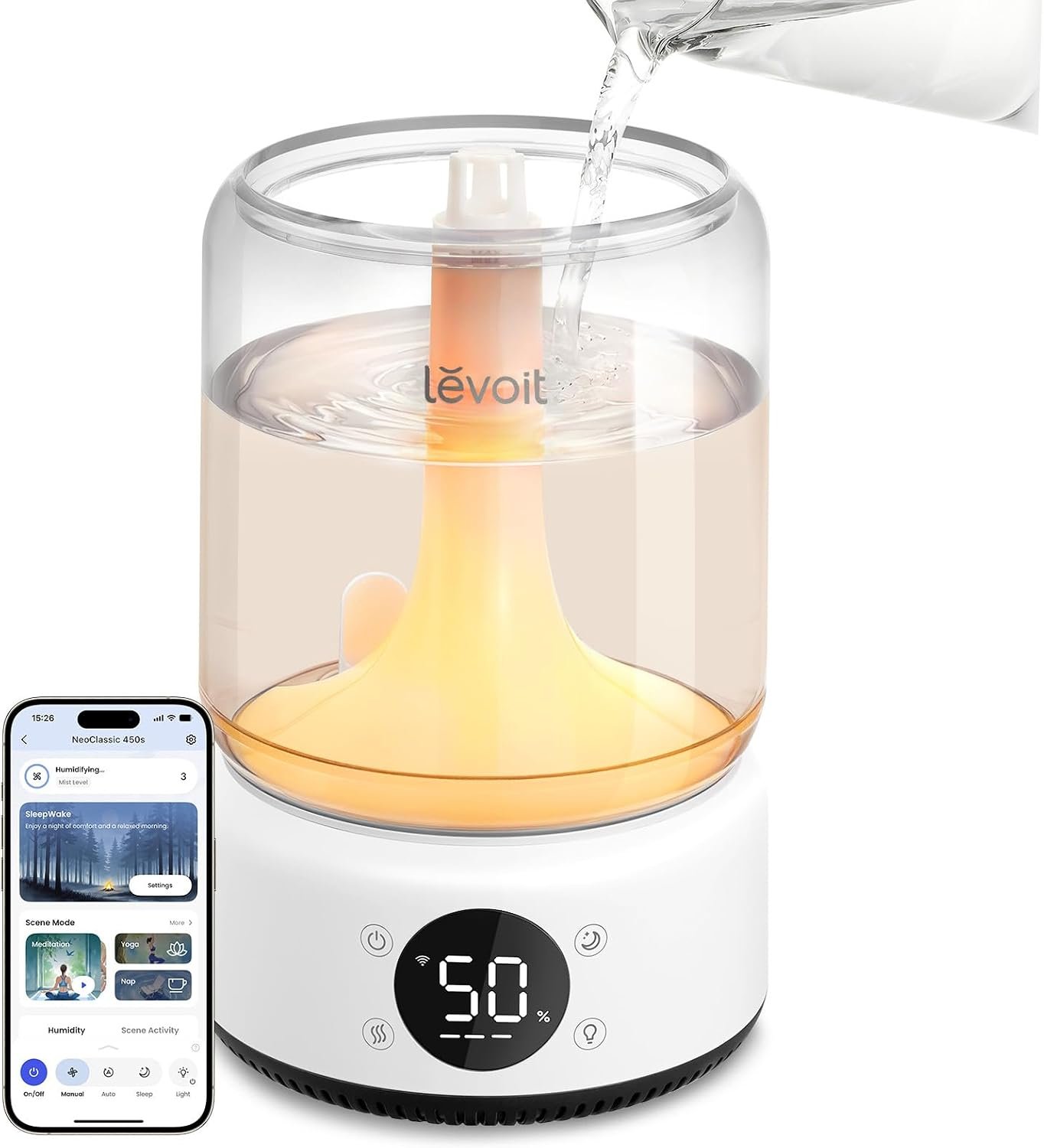 LEVOIT Smart Humidifier for Bedroom, 4.2L Top Fill Cool Mist for Large Room, Dishwasher Safe/Easy Clean, 21dB/42H Runtime, for Baby/Plants, APP/Voice Control, Light/Music Scene Mode, NeoClassic 450S
