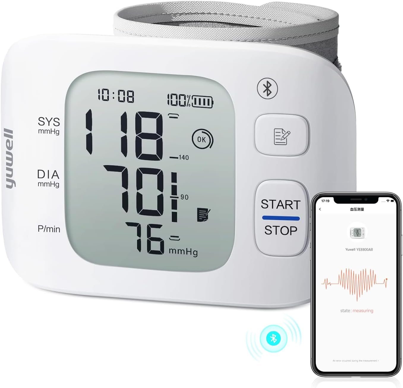 yuwell Smart Wrist Blood Pressure Monitor with Bluetooth | Medical Grade, BP Machine for Home Use | Ultra Light Weight, Smart Inflation Cuff, Large Display, Rechargeable Battery, App for iOS & Android