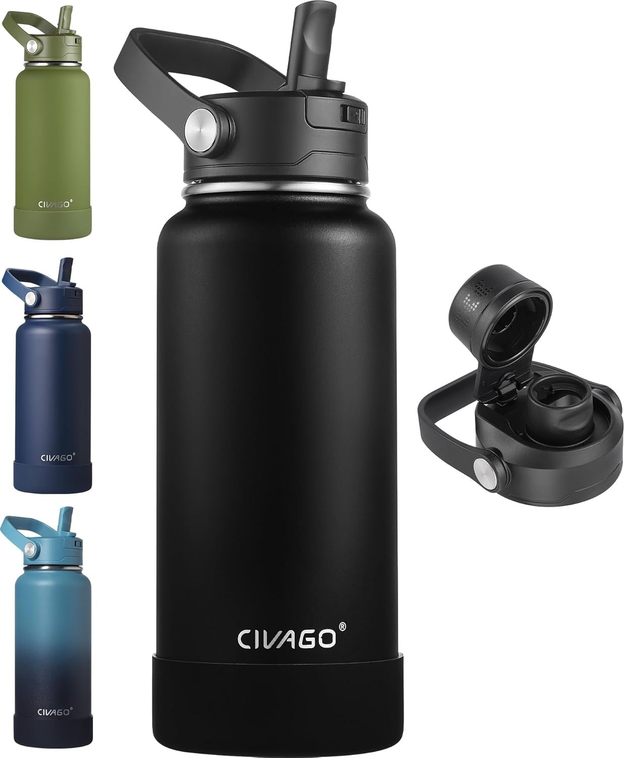 CIVAGO 32 oz Insulated Stainless Steel Water Bottle with Detachable Straw, Large Metal Water Jug with Bucket Handle, Leakproof Sports Water Flask with Silicone Boot for Travel, Dishwasher Safe, Black