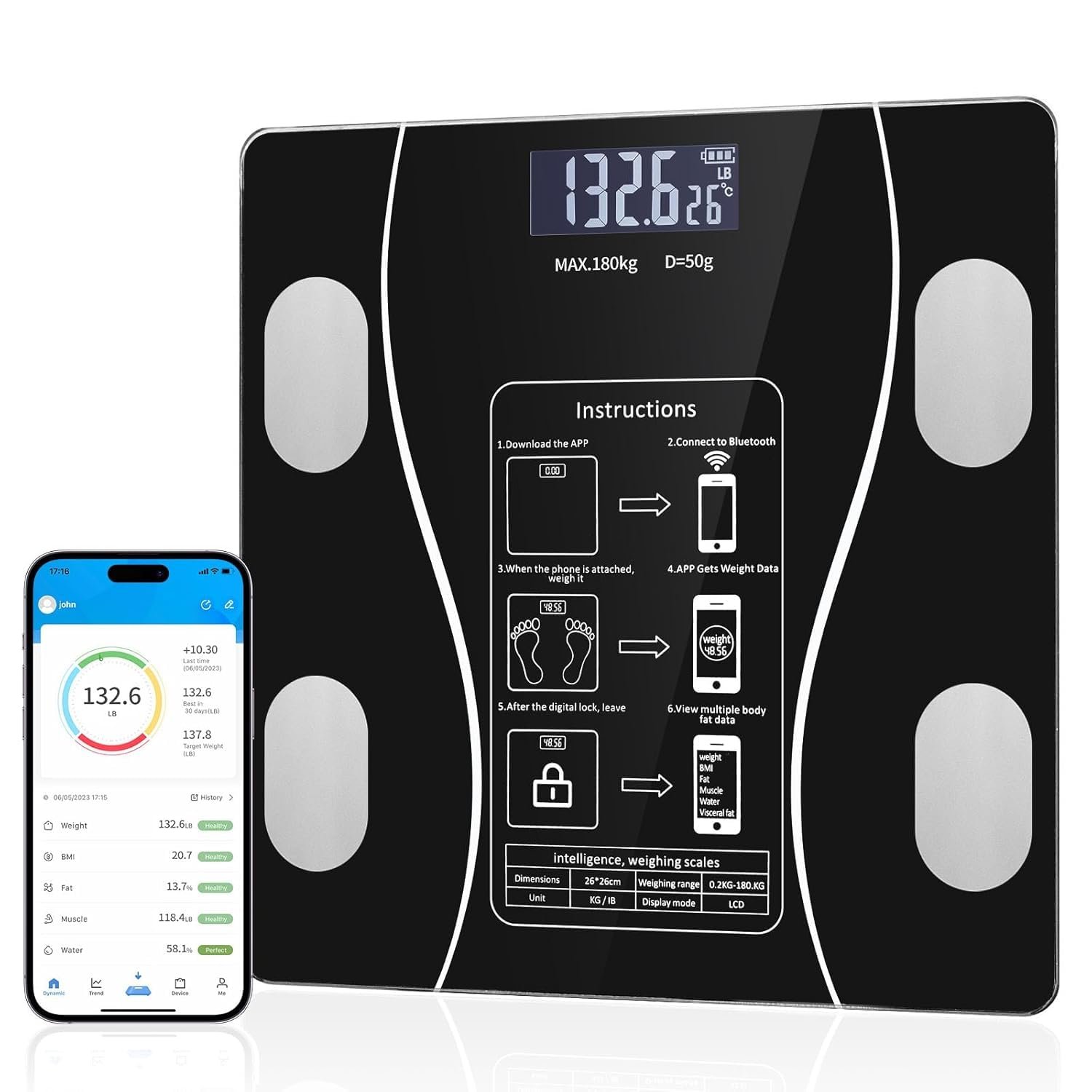 AI Scale for Body Weight and Fat Percentage, Accurate Bathroom Smart Scale with Large Display, High Precision Smart Scale Mobile APP, for Bathroom, Gym, Diet