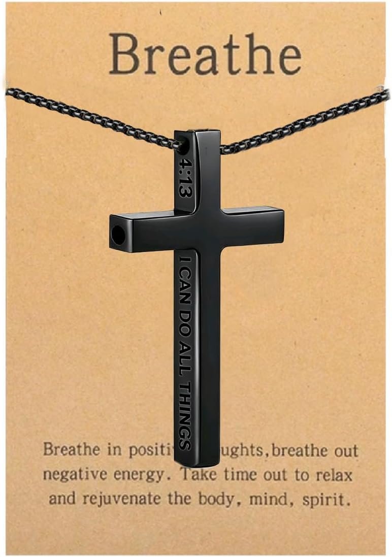 Cross Breathing Necklace Inspirational Bible Verse Anti-Anxiety Mindfulness Breathlink Stainless Steel Jewelry for Inner Balance, Daily Focus, Yoga, and Meditation
