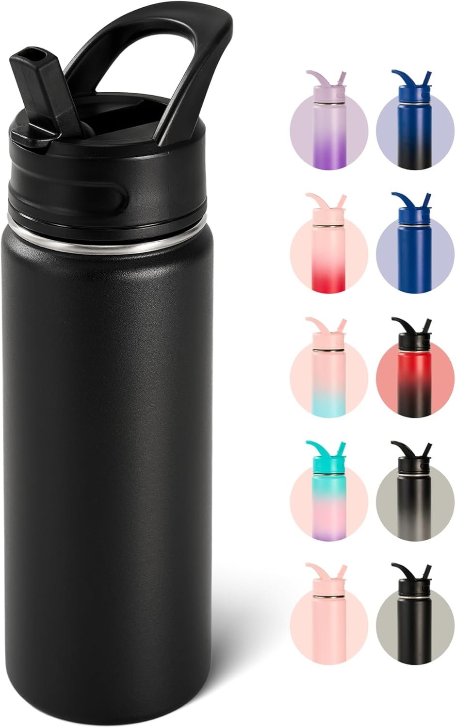 Fijinhom 18oz Insulated Stainless Steel Water Bottle with Straws, Double Wall Vacuum Insulated Bottles, Metal Thermo for Travel, Sports, Leak-Proof, BPA Free, Women & Men, Black