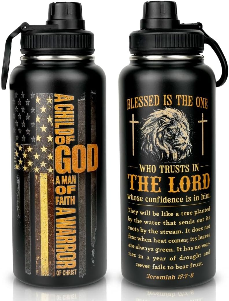 Christian Gifts for Men Insulated Stainless Steel Water Bottle 32 oz, Lion Faith Design Tumbler, Gift for Dad Husband Birthday Fathers Day, Christian Fathers Day Gift For Dad Husband