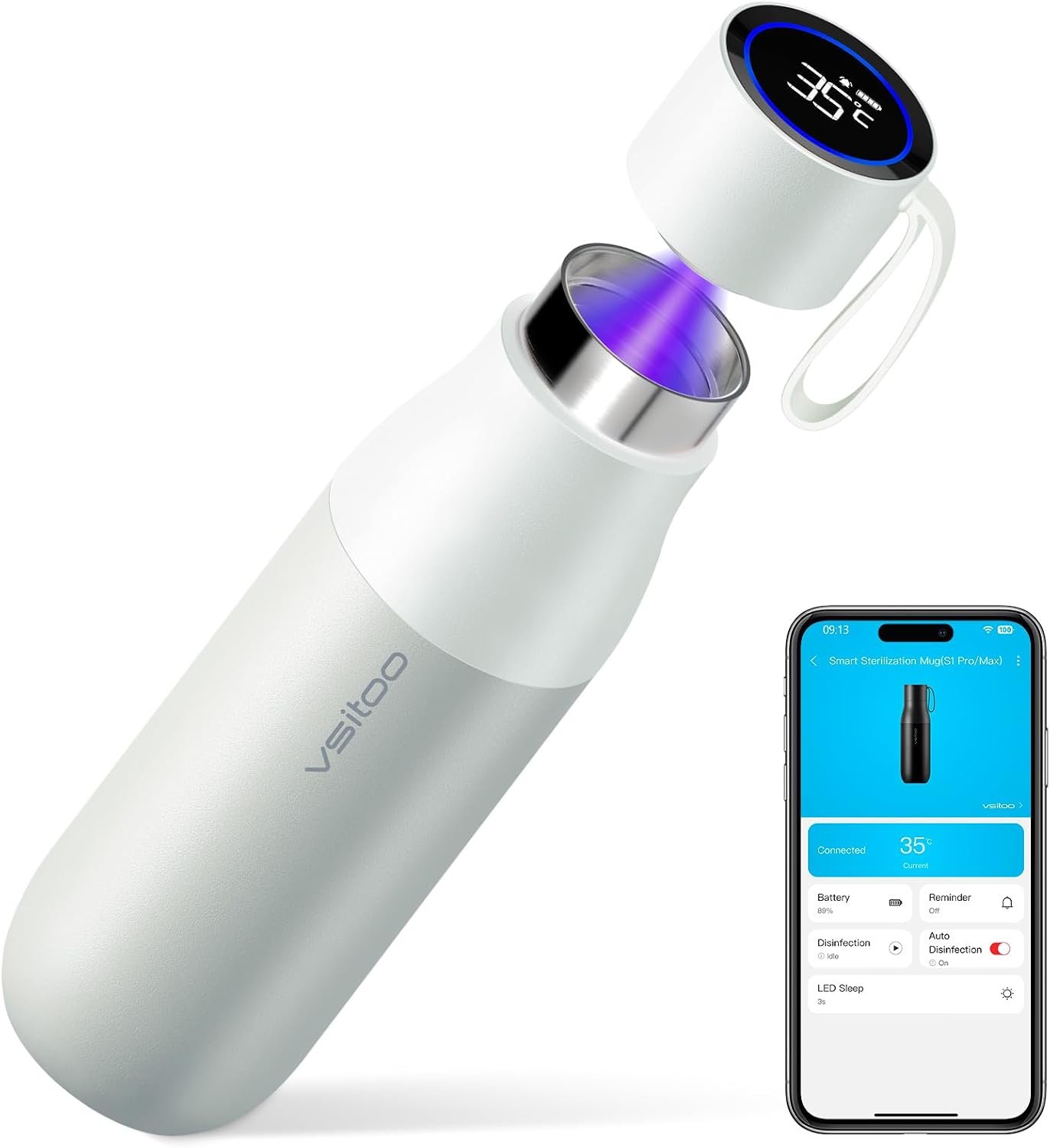 VSITOO S1 Pro 15oz AI Self-Cleaning Insulated Mini Water Bottle for Purse | Auto UV-C, 30-Day Battery, Magnetic, 304 Stainless Steel, IPX7, BPA-Free, Smart Display, Leak-Proof, Gym, Gift for Women Men