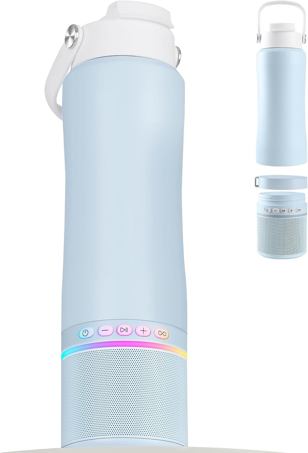 Water Bottle with Portable Bluetooth Speaker – Modular Insulated Water Bottles w/Handle, BT5.3, TWS Pairing Speaker and Stainless Steel Cups for Camping Sports Beach (Blue)