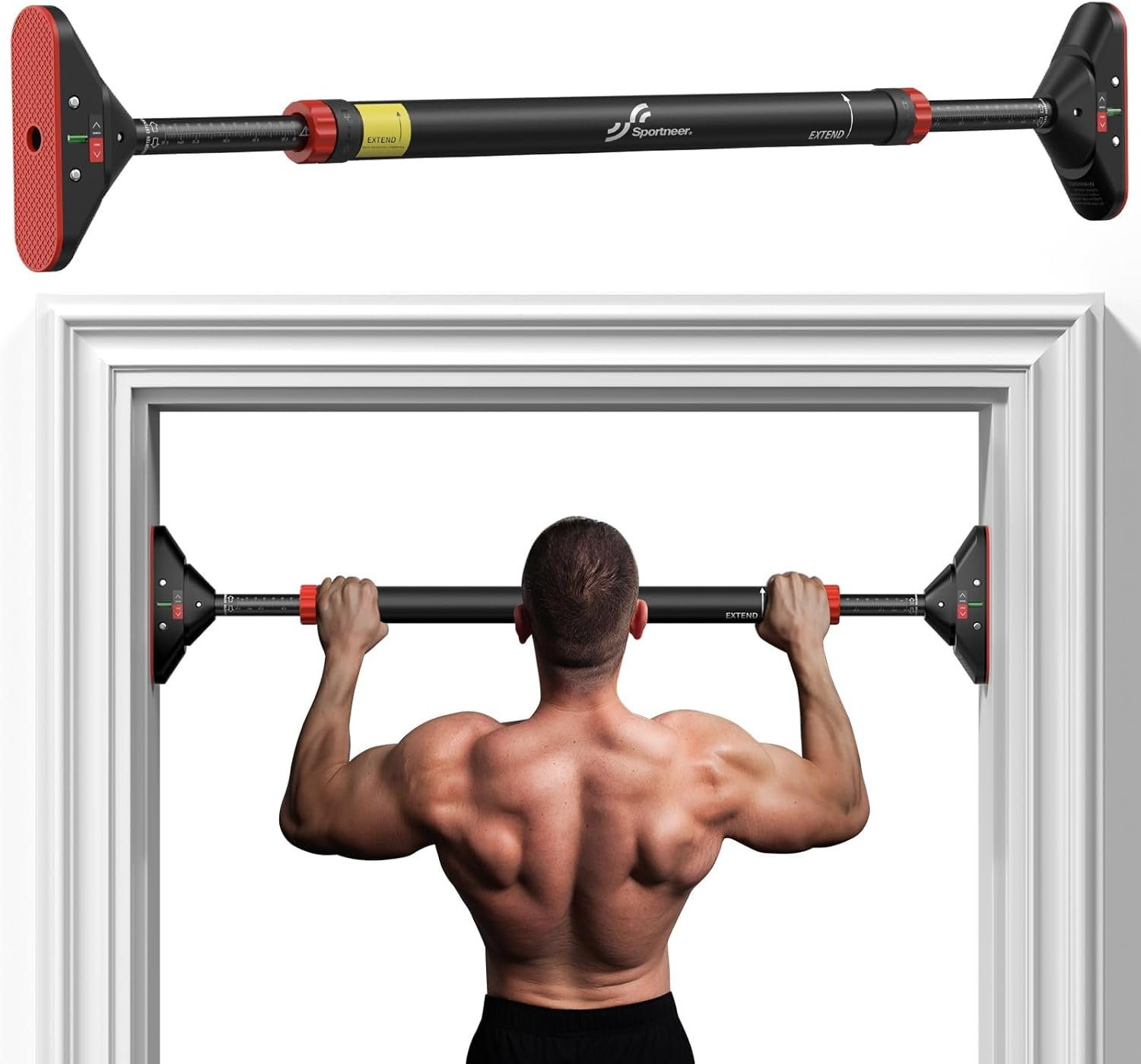 Sportneer Pull Up Bar for Doorway Strength Training Pull-up Bars without Screw – Adjustable Width Locking Mechanism Chin Up Bar, Thickened Steel Max Limit 440 lbs Upper Body Fitness Pullup Bars for Home (Black-Red)