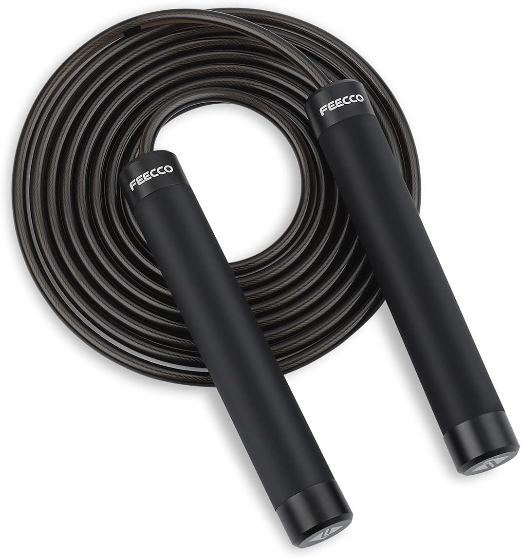 FEECCO 1/2 lb Weighted Jump Rope for Boxing, Cardio, Crossfit Workout, 8~11ft Range Adjustable Length Steel Ropes with Ball Bearings and Metal Handles, Suitable for Men and Women