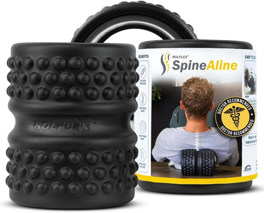 Rolflex SpineAline Back Roller – Muscle Rollers Deep Tissue Spine Alignment Tool – Ergonomic Spine, Neck and Back Massage Rollers – Durable & Portable Massage Roller – Supports Up to 300 lbs – Black