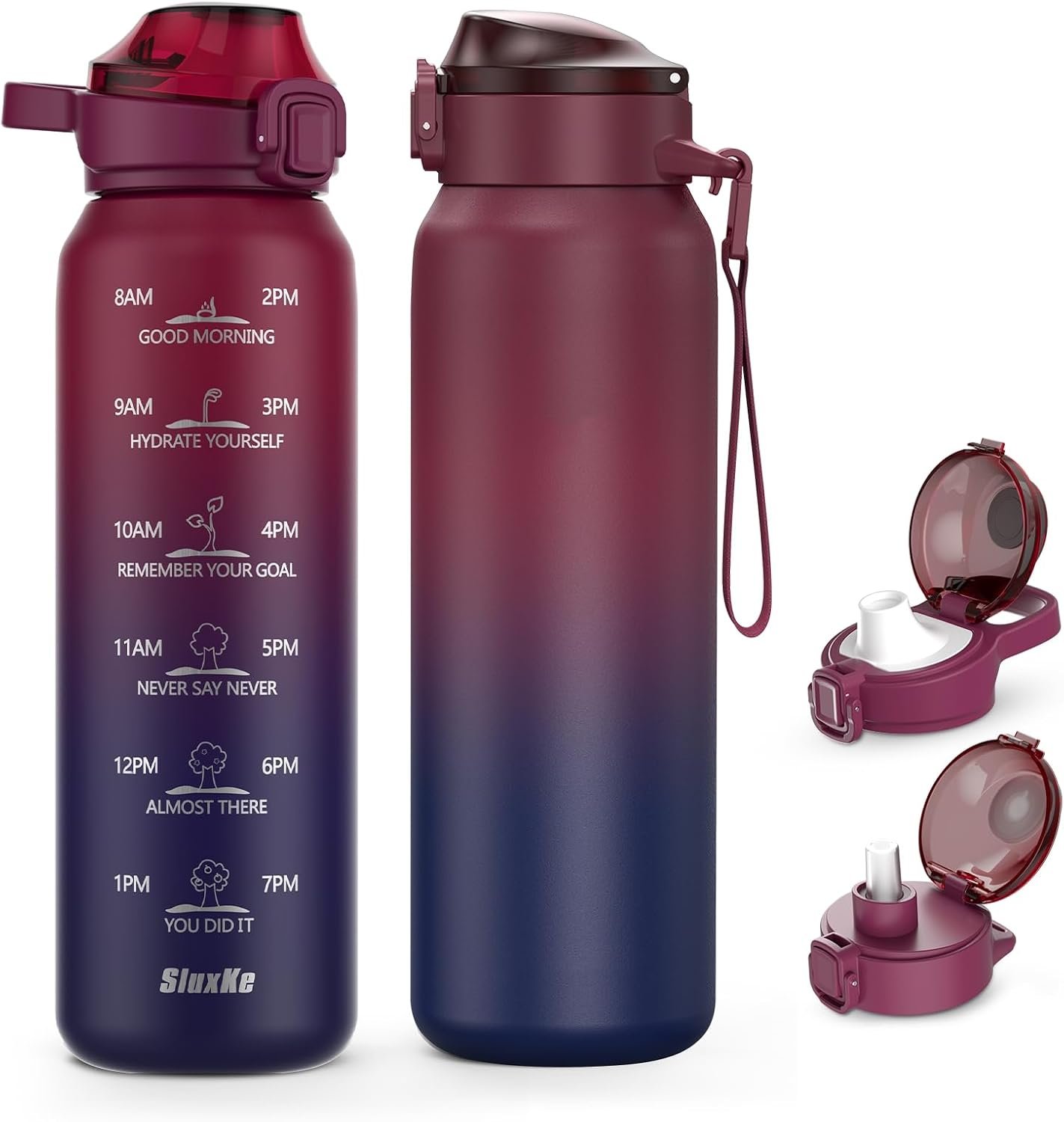 SLUXKE Insulated Water Bottle 32oz with 2Lids(Straw Lid & Spout Lid), 1L Double Walled Water Bottle with Time Marker, 1000ml Stainless Steel Metal Flask for Fitness, Gym and Outdoor RED BLACK