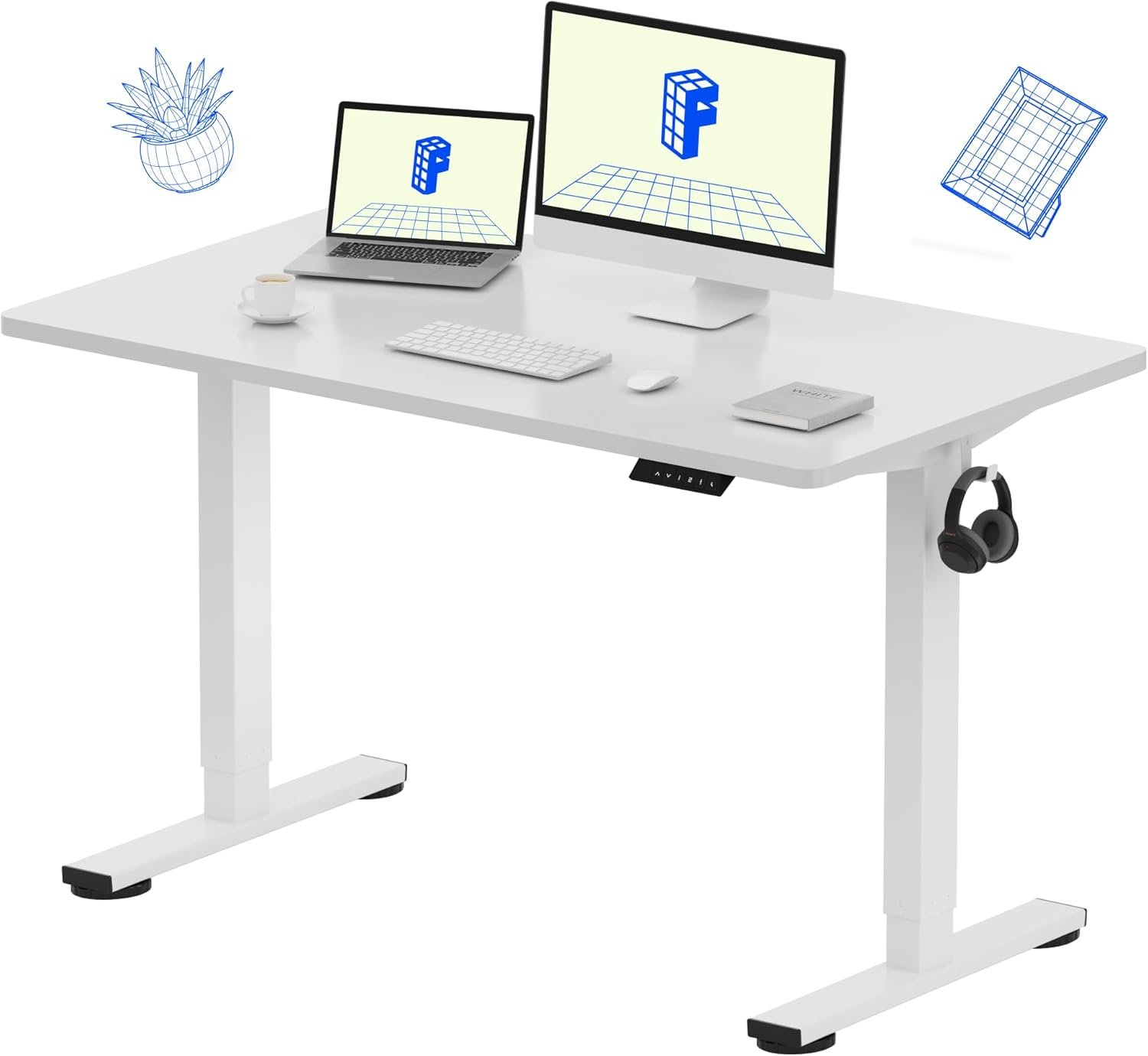 FLEXISPOT EN1 One-Piece Standing Desk, 48″x24″ Seamless Desktop Electric Height Adjustable Desk for Home Office, Multi-Monitor Setups & Easy Assembly, White