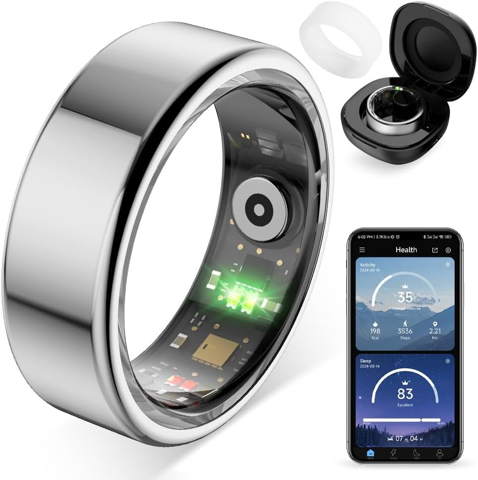 COLMI R02 Smart Ring, Smart Ring for Women and Men, No Subscription Fee, with a Charging Case, Supports Heart Rate, Blood Oxygen, Sleep Health Monitoring. (Silver, 7#)