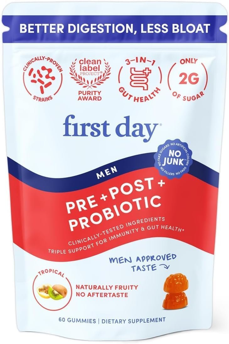 FIRST DAY 3 in 1 Probiotics for Men – Prebiotic, Probiotic & Postbiotic Supplement – Mens Probiotic for Digestive Health, Oral Health, Immune Function, Energy, Gut Health for Men – 30-Day Supply