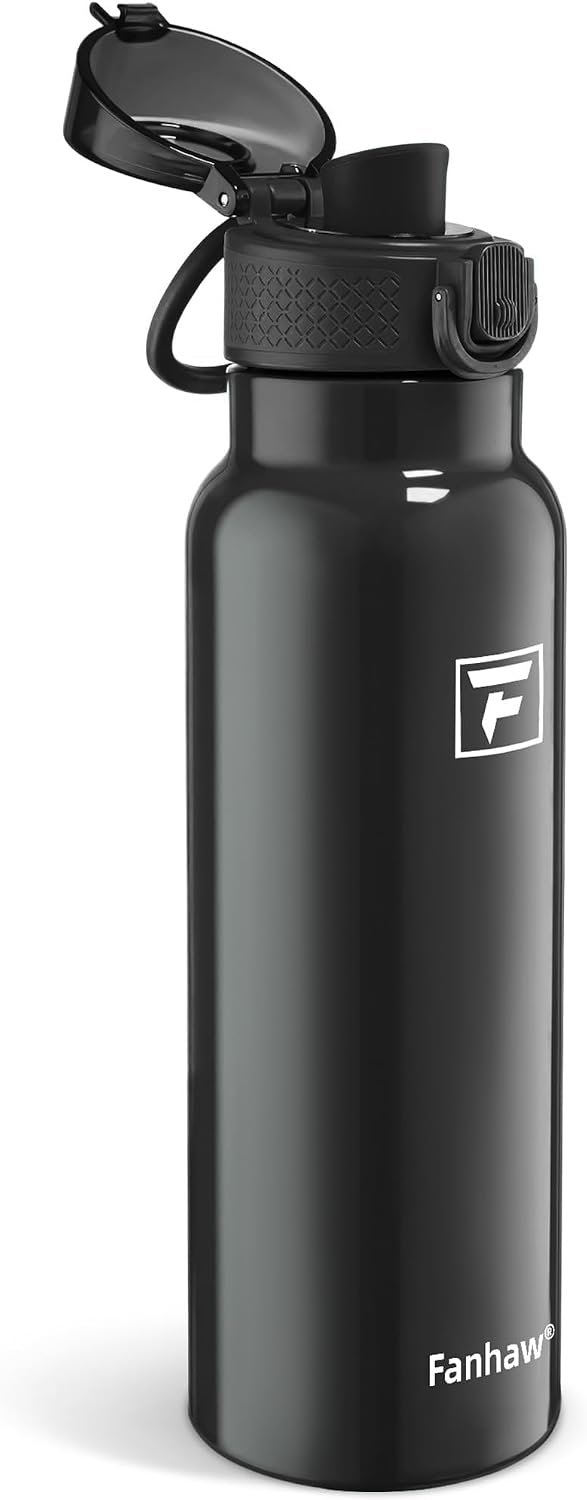 Fanhaw 24 oz Insulated Water Bottle with Soft Silicone Spout Lid, Leakproof Stainless Steel Vacuum Bottle for School, Sports& Daily Use, Kids, Teens& Adults, Back to School Essentials (Glossy Black)