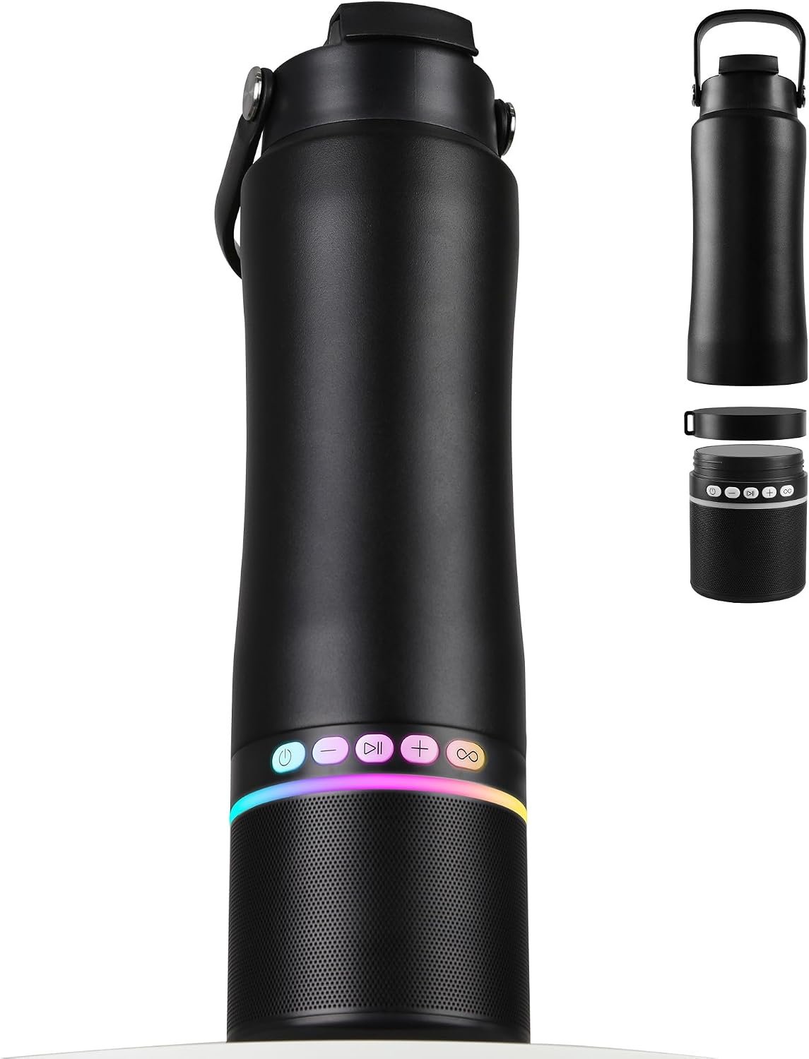 Water Bottle with Portable Bluetooth Speaker – Modular Insulated Water Bottles w/Handle, BT5.3, TWS Pairing Speaker and Stainless Steel Cups for Camping Sports Beach (Black)