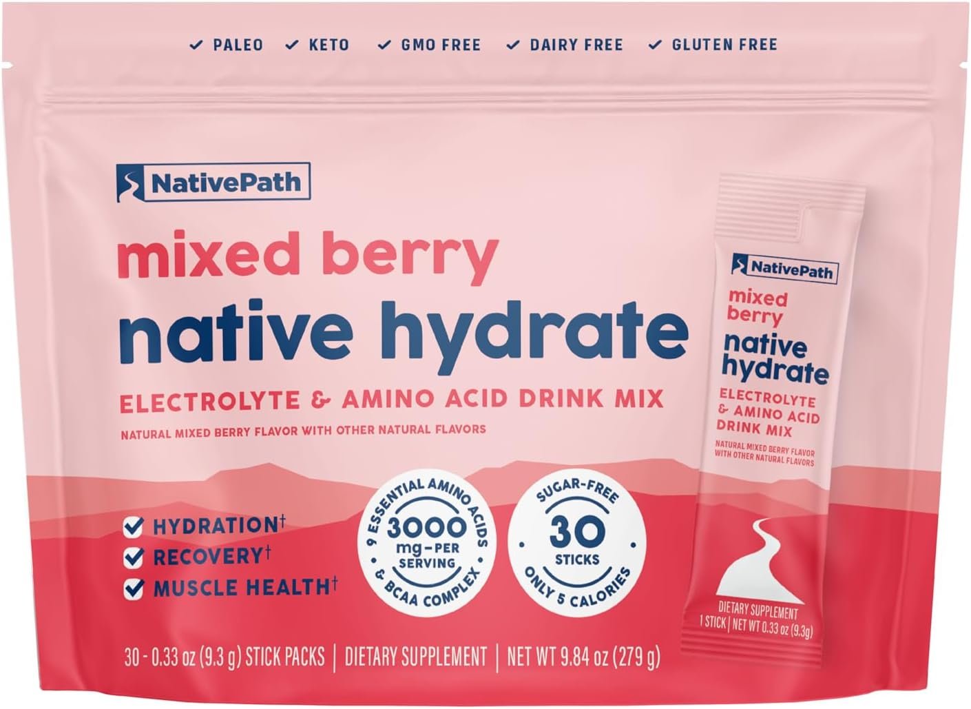 NativePath Hydrate Electrolyte Stick Packs – Zero Sugar Drink Mix with 2,000mg BCAAs, 14 Vitamins & Minerals – Mixed Berry Keto Hydration, 30 Single-Serve Packets