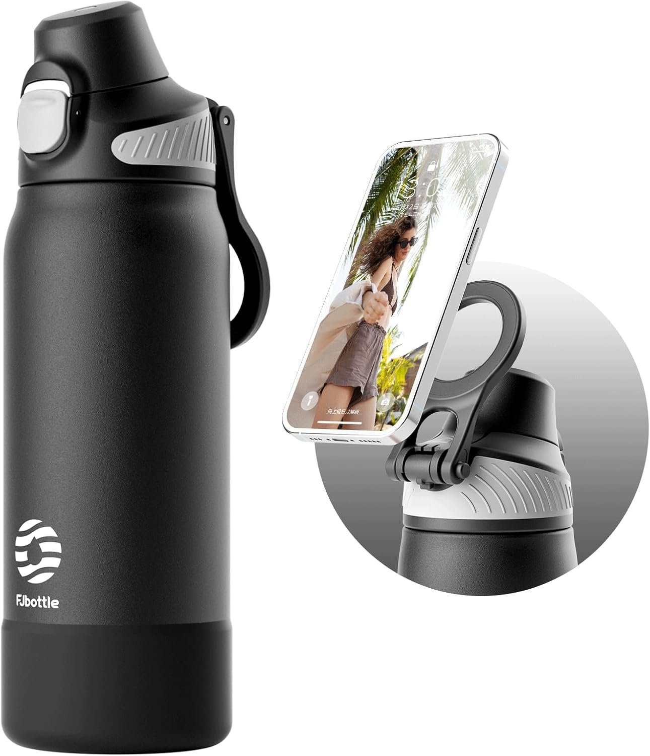 FJbottle Insulated Water Bottle with Magnetic Phone Holder, MagSafe Compatible Stainless Steel Leak Proof Sports Flask, Tripod Function for Gym, Workout 32 Oz Black