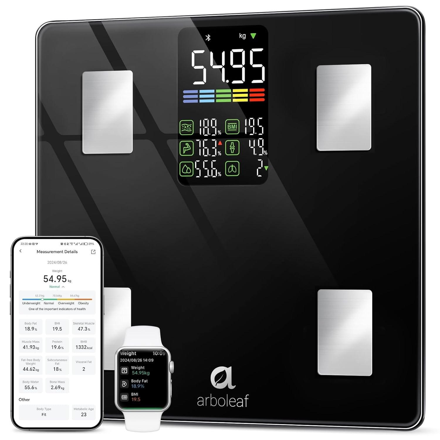 Arboleaf Smart Scale with BMI, Body Fat, Muscle Mass, 14 Composition Metrics, Large LED Display, Digital Bathroom Scale for Weight, Accurate Weighing Machine, App Sync, 500lbs, 11.8″