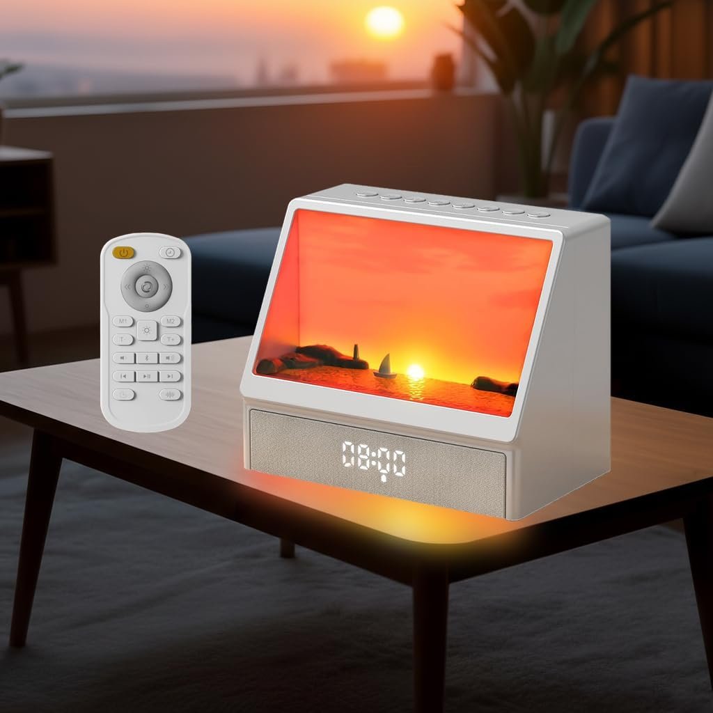 Sunrise Alarm Clock for Bedrooms, White Noise Machine Creative Simulated Sunrise Animation with 7 Modes, 12 Natural Sounds, Music Speaker & Remote, Wake Up Light Sunset Lamp Gifts for Heavy Sleepers