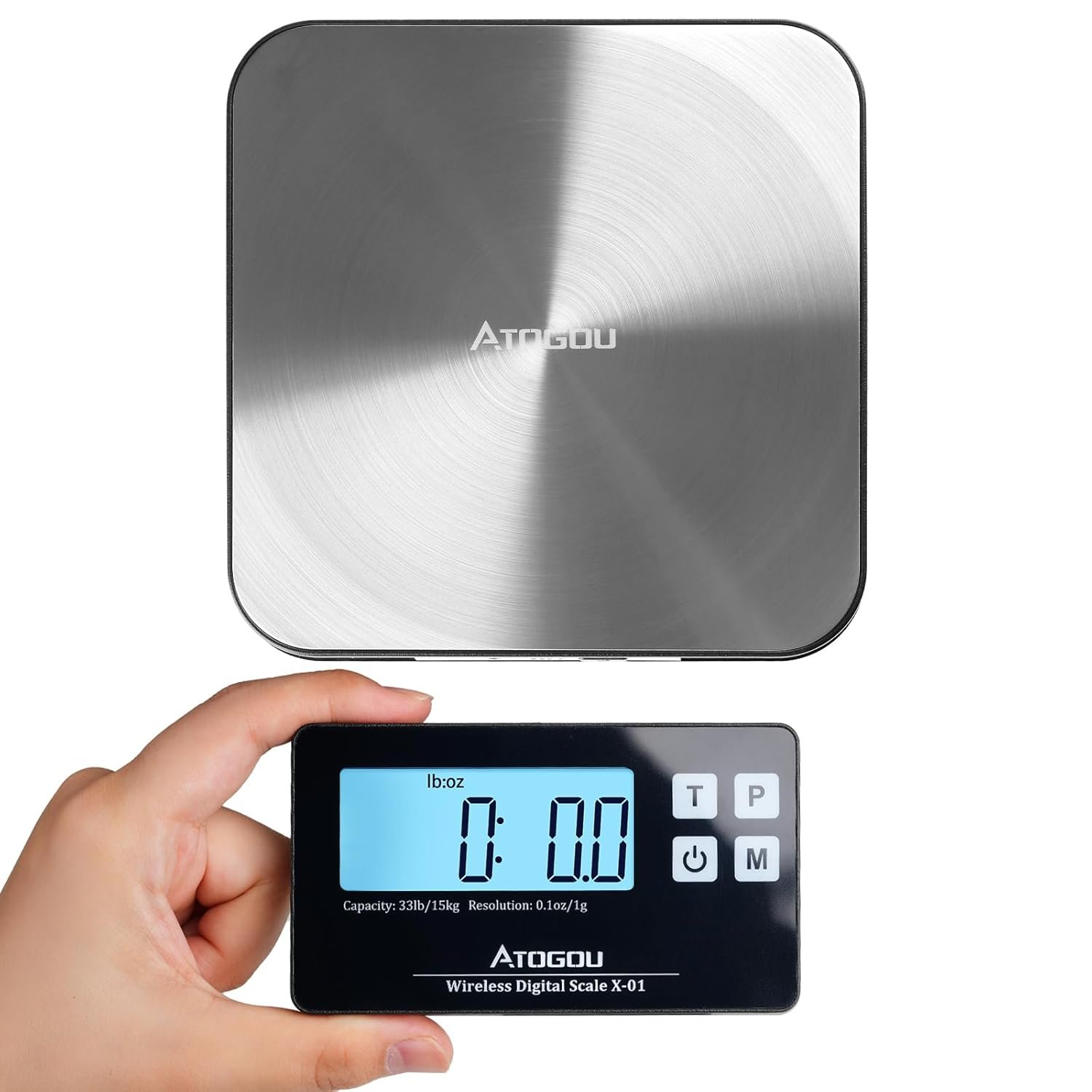 Atogou Food Scale, 33lb Wireless Kitchen Scale with Remote Display, 1g/0.1oz Precise Graduation, Food-Grade 304 Stainless Steel, Digital Food Scale for Cooking, Baking, Postage, Shipping, Black&Silver