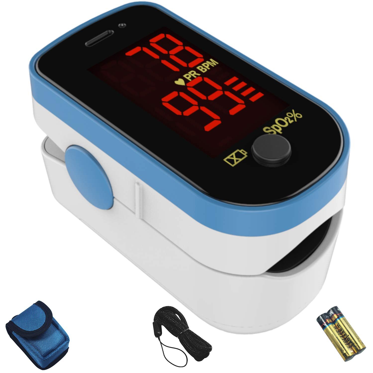 CHOICEMMed Finger Pulse Oximeter, Blood Oxygen Saturation Monitor, Fingertip O2 Sensor with LED Display, Pulse Rate Reader, Portable SpO2 Monitor with Batteries, Carry Case & Lanyard, Blue