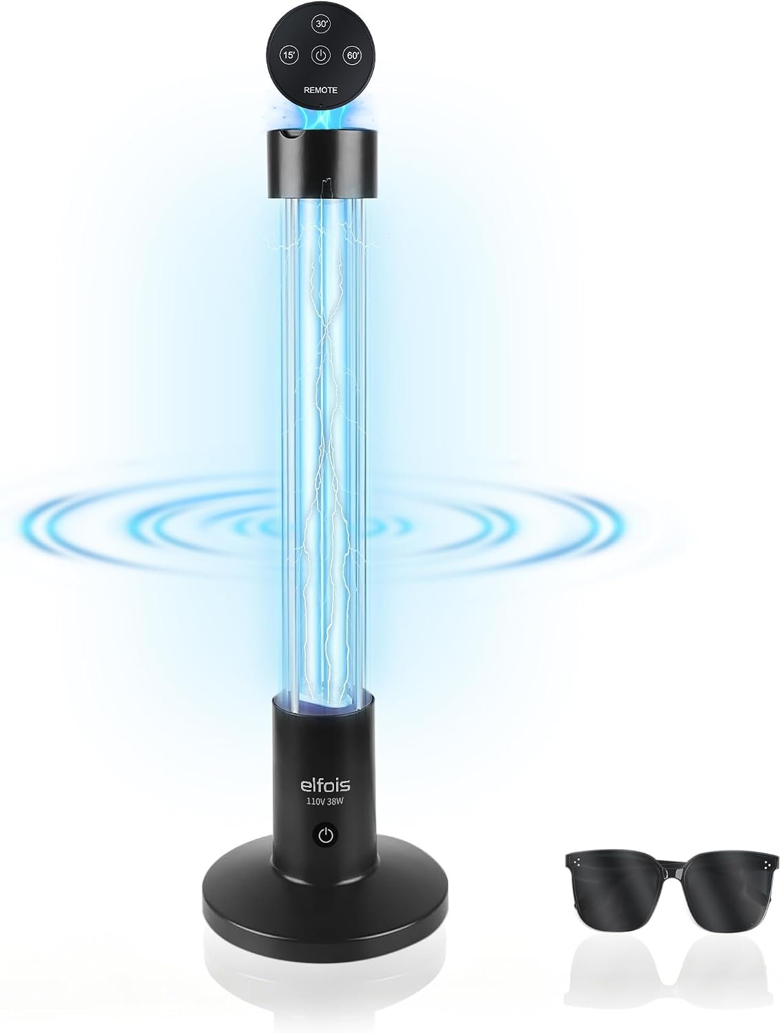 38W UVC Sanitizer Lamp, Ozone-Free Pet Odor Eliminator, 254nm UV Light with Radar Motion Sensor & Voice Alert, 3 Timer Modes for Home, Kitchen & Pet Areas, Magnetic Remote & UV Glasses Included