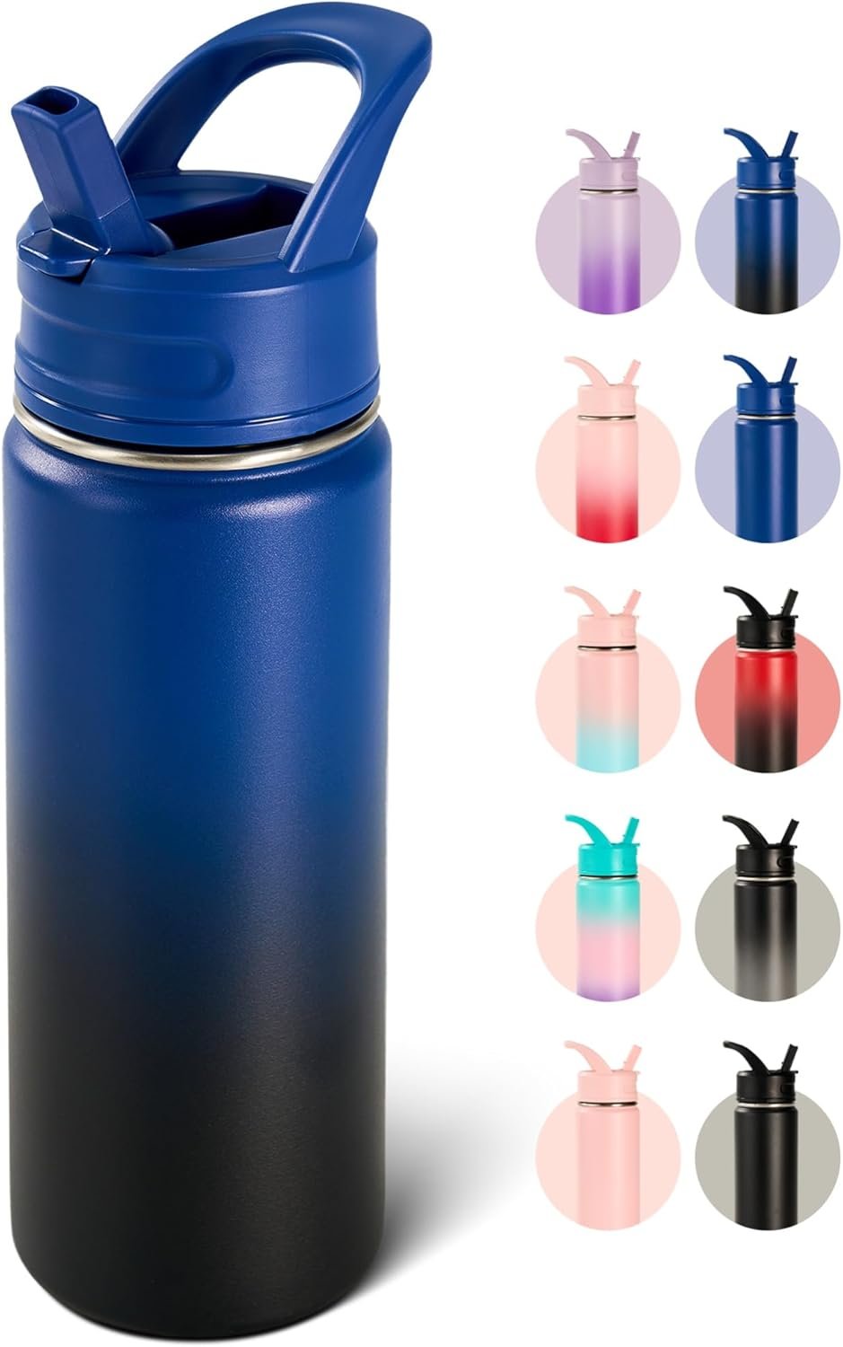 Fijinhom 18oz Insulated Stainless Steel Water Bottle with Straws, Double Wall Vacuum Insulated Bottles, Metal Thermo for Travel, Sports, Leak-Proof, BPA Free, Women & Men, Blue Gradient