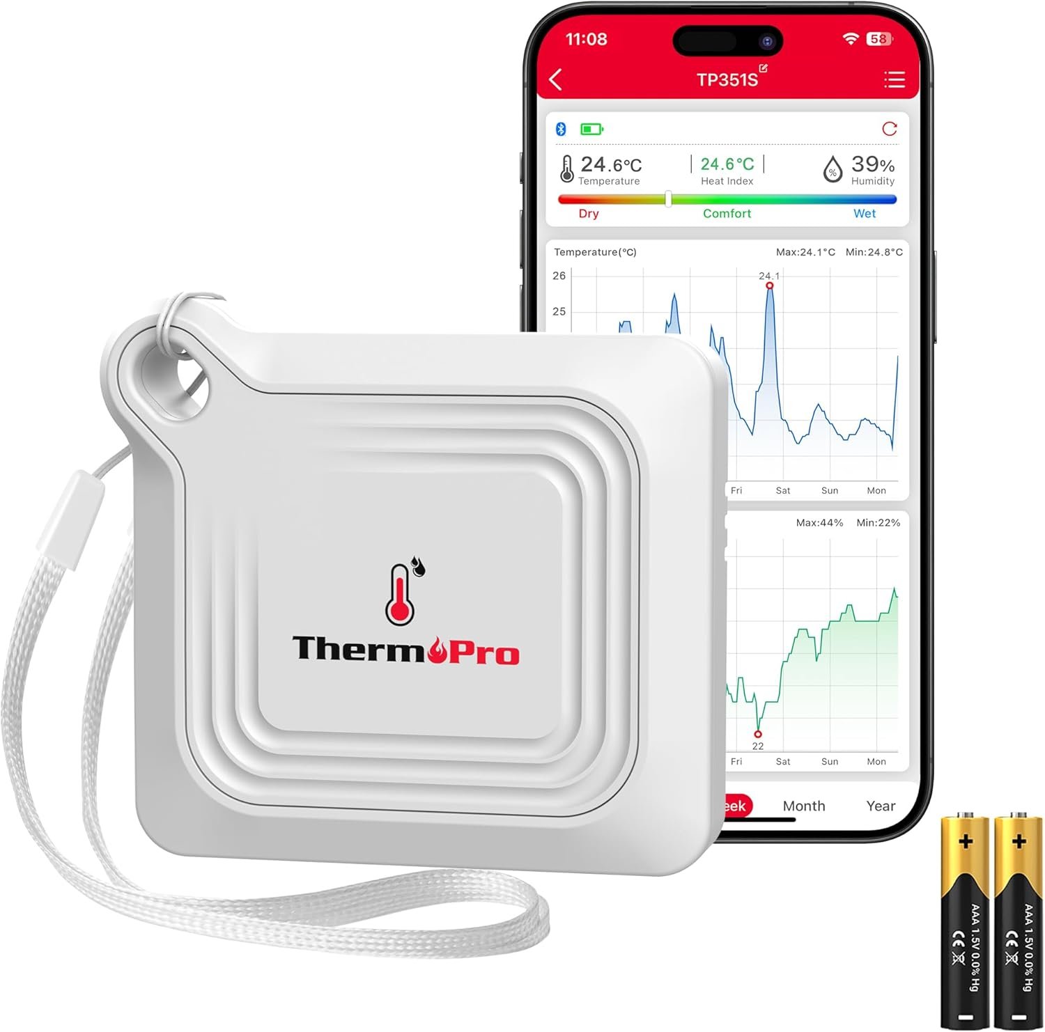 ThermoPro Bluetooth Thermometer Hygrometer, 260FT Range Temperature Sensor Greenhouse Thermometer, Remote App Control Temperature and Humidity Monitor with 2-Year Data Logging Export (TP351)