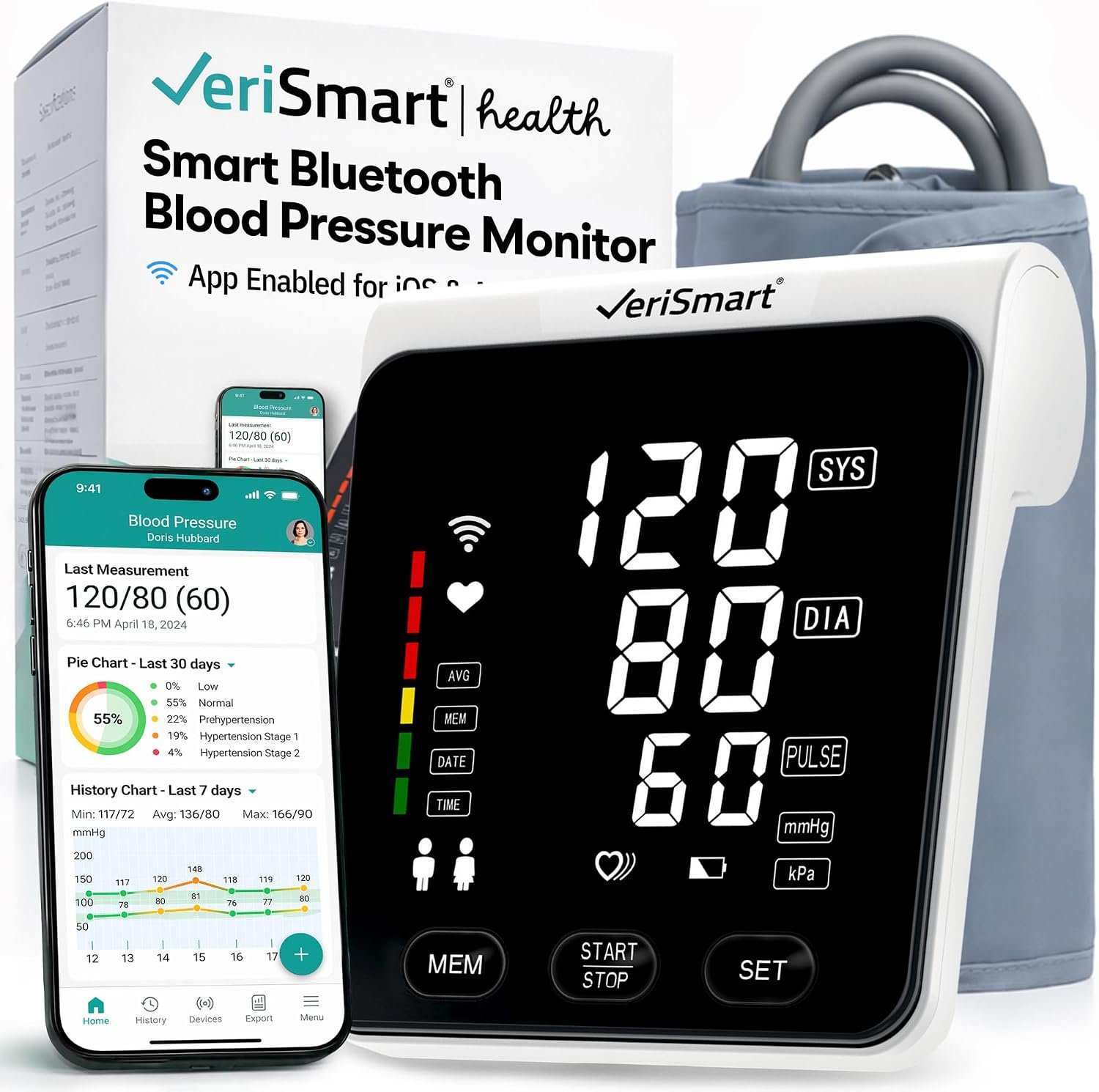 VeriSmart Bluetooth Blood Pressure Monitor – FDA-Cleared, Large 6.5″ LED Display, Comfort-Inflate Tech, Ultra-Slim Design, Battery & USB-C, Wireless Secure US-Hosted App