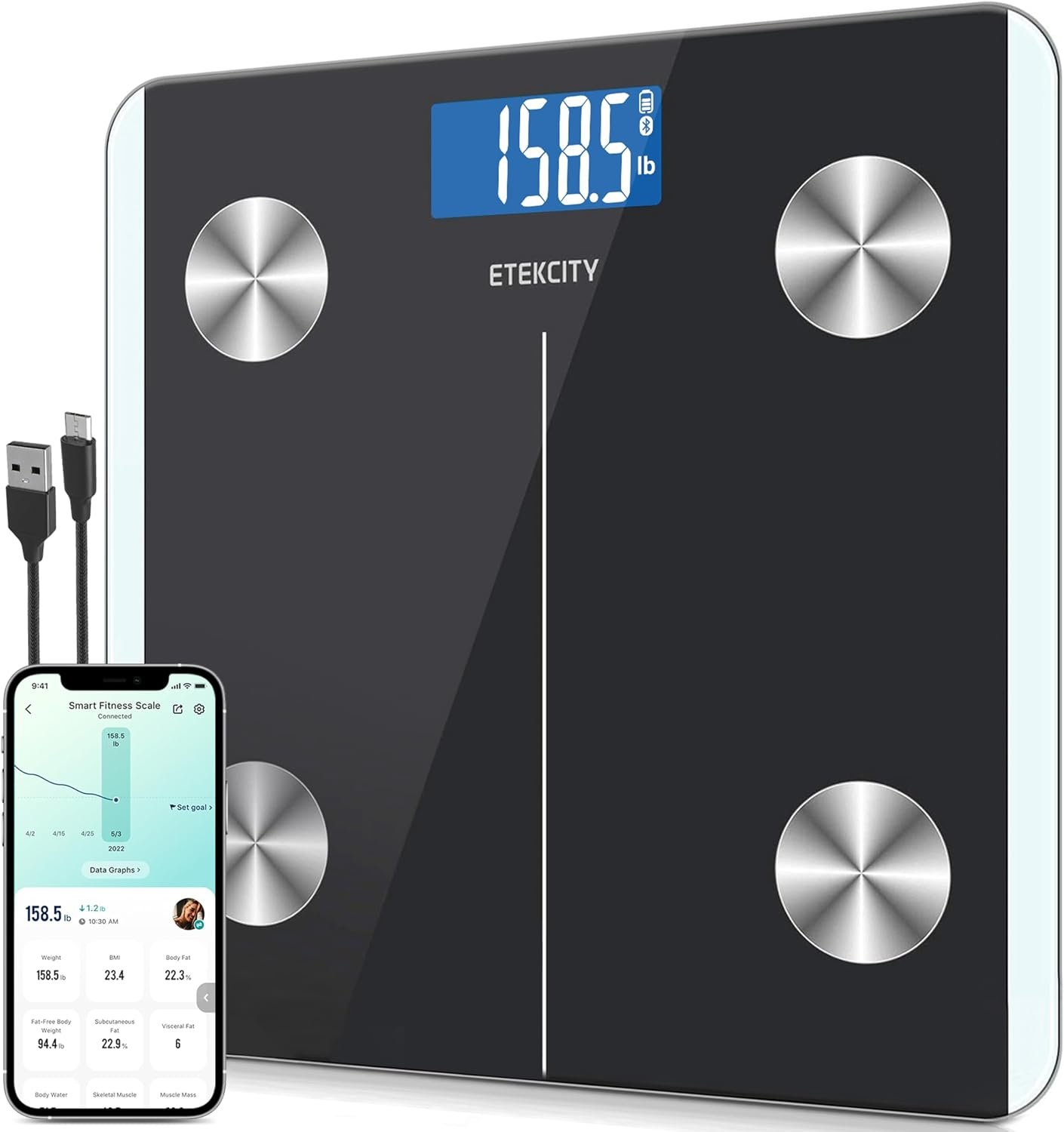 Etekcity Rechargeable Smart Scale for Body Weight, Digital Bathroom Scale with BMI, Body Fat, Muscle Mass, Accurate Weighing Machine for People Sync with Smartphone App, 400lb