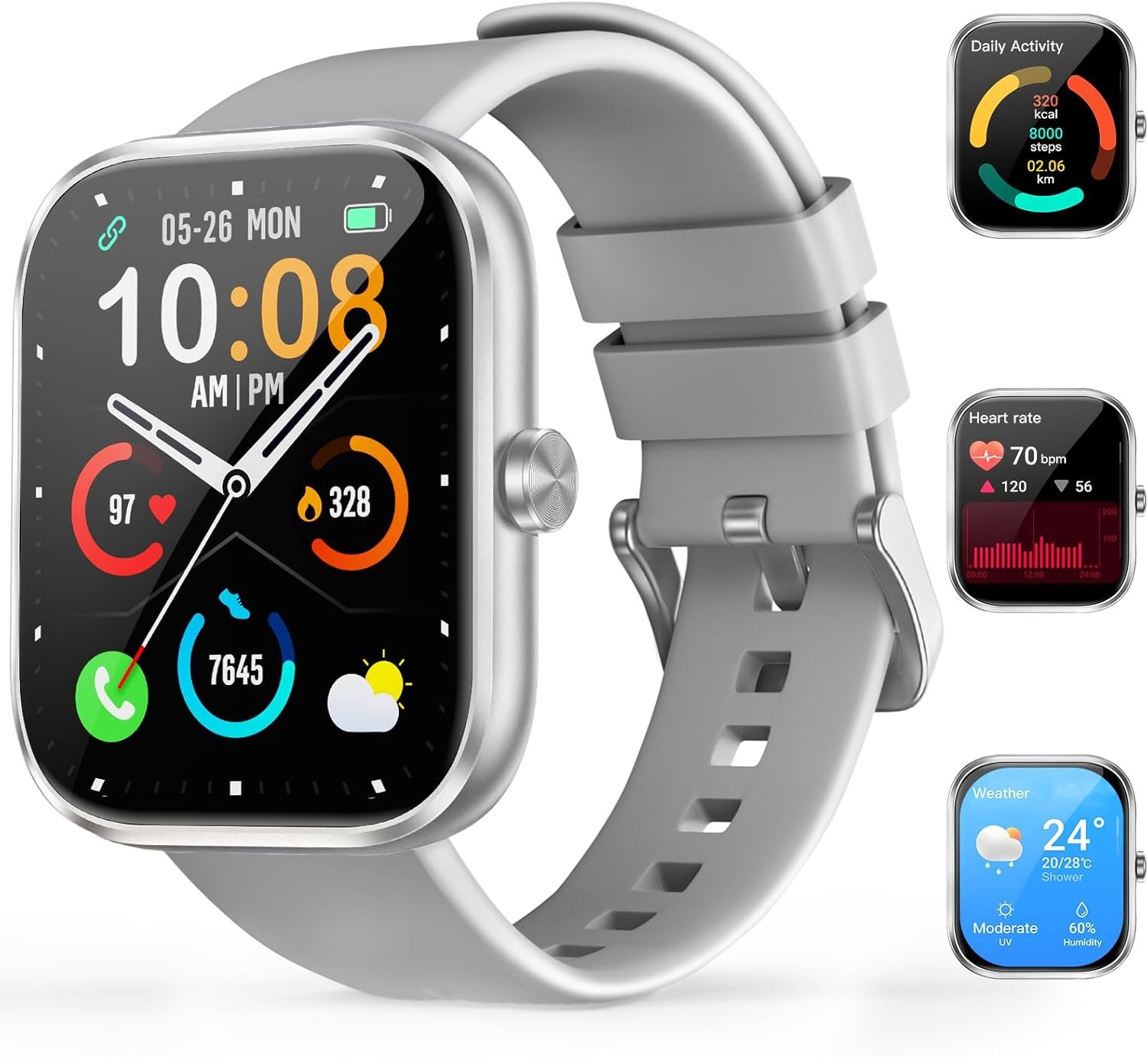 Smart Watch for Men Women, 1.83″ HD Touchscreen Fitness Watch with Bluetooth Call&Message Notifications, 110+Sport Modes, 24/7 Heart Rate/Sleep Monitor, IP68 Waterproof Fitness Tracker, Silver Gray