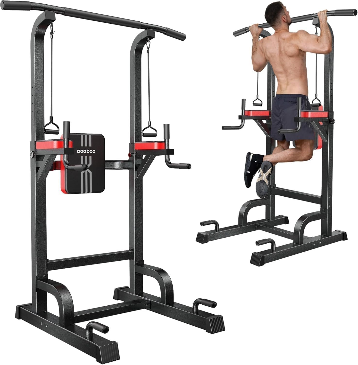 Pooboo Power Tower Dip Station Pull Up Bar for Fitness Home Gym Workout,450 Pounds Multi-Function Adjustable Height Fitness Strength Training Exercise Equipment,with Power Elastic Ropes