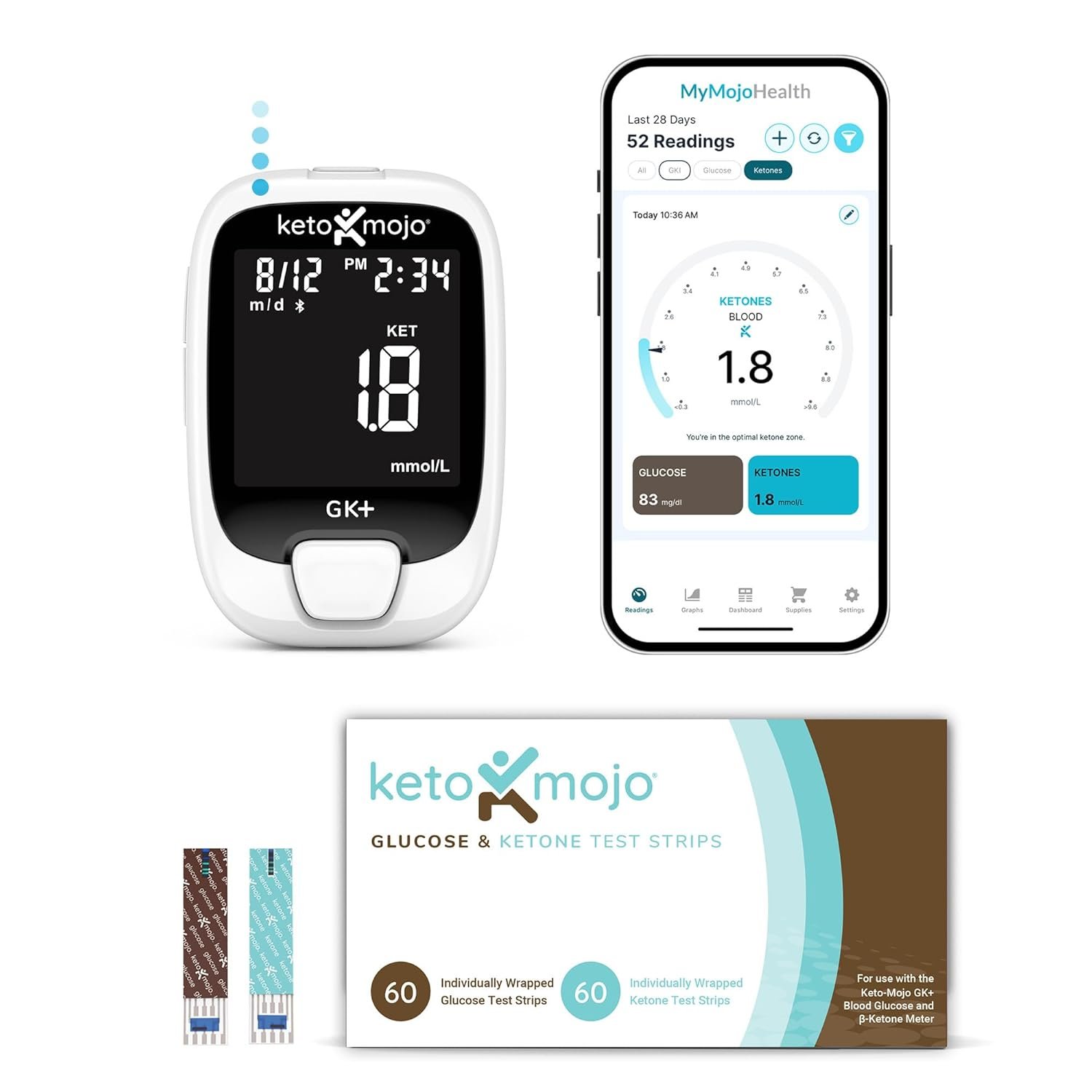 Keto-Mojo GK+ Glucose & Ketone Testing Kit with 140 Test Strips – Advanced Bluetooth Meter with Free App for Ketosis Fat-Burning Fasting & Metabolic Support – Includes 70 Glucose + 70 Ketone Strips