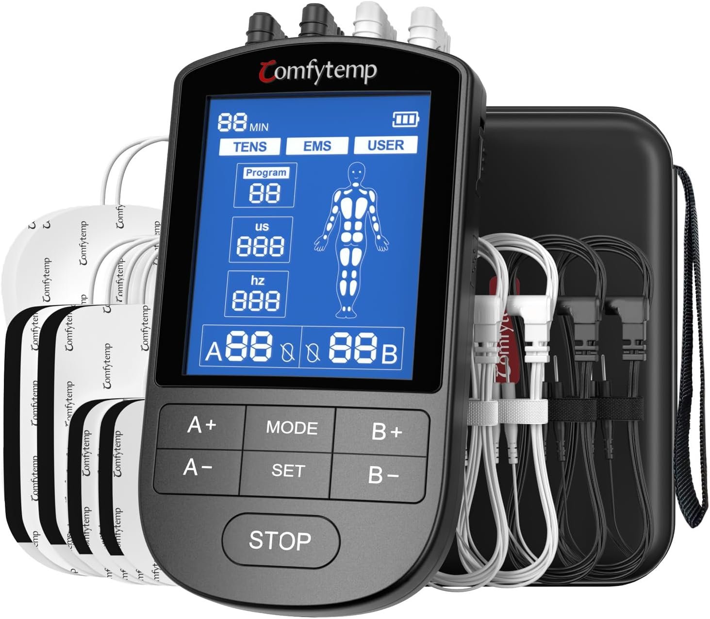 Comfytemp 4 Outputs TENS Unit for Cover Multiple Parts, TENS Unit Muscle Stimulator with Customizable User Mode & 19 Modes, FSA HSA Eligible, Pain Relief & Massage for Back, Shoulder, Neck, Sciatica