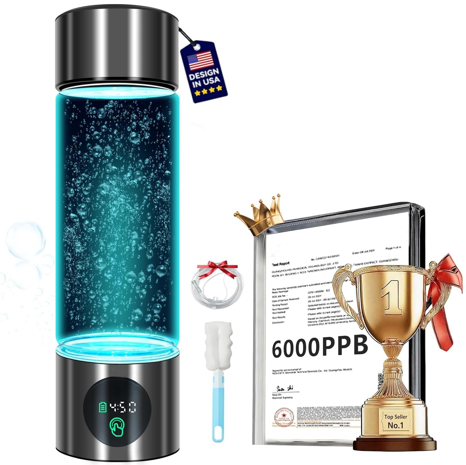 5.0 New Upgraded Hydrogen Water Bottle – Hydrogen Concentration up to 6000 PPB【SGS-Certified Hydrogen Generator】 2025 SPE/PEM Technology Odorless Double Hydrogen Content for Sports/Home/Office/Travel