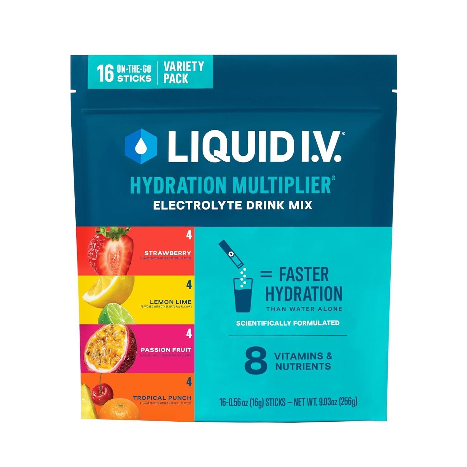 Liquid I.V.® Hydration Multiplier – Variety Pack – Lemon Lime, Passion Fruit, Strawberry, Tropical Punch | Electrolyte Powder Drink Mix | 1 Pack (16 Servings)