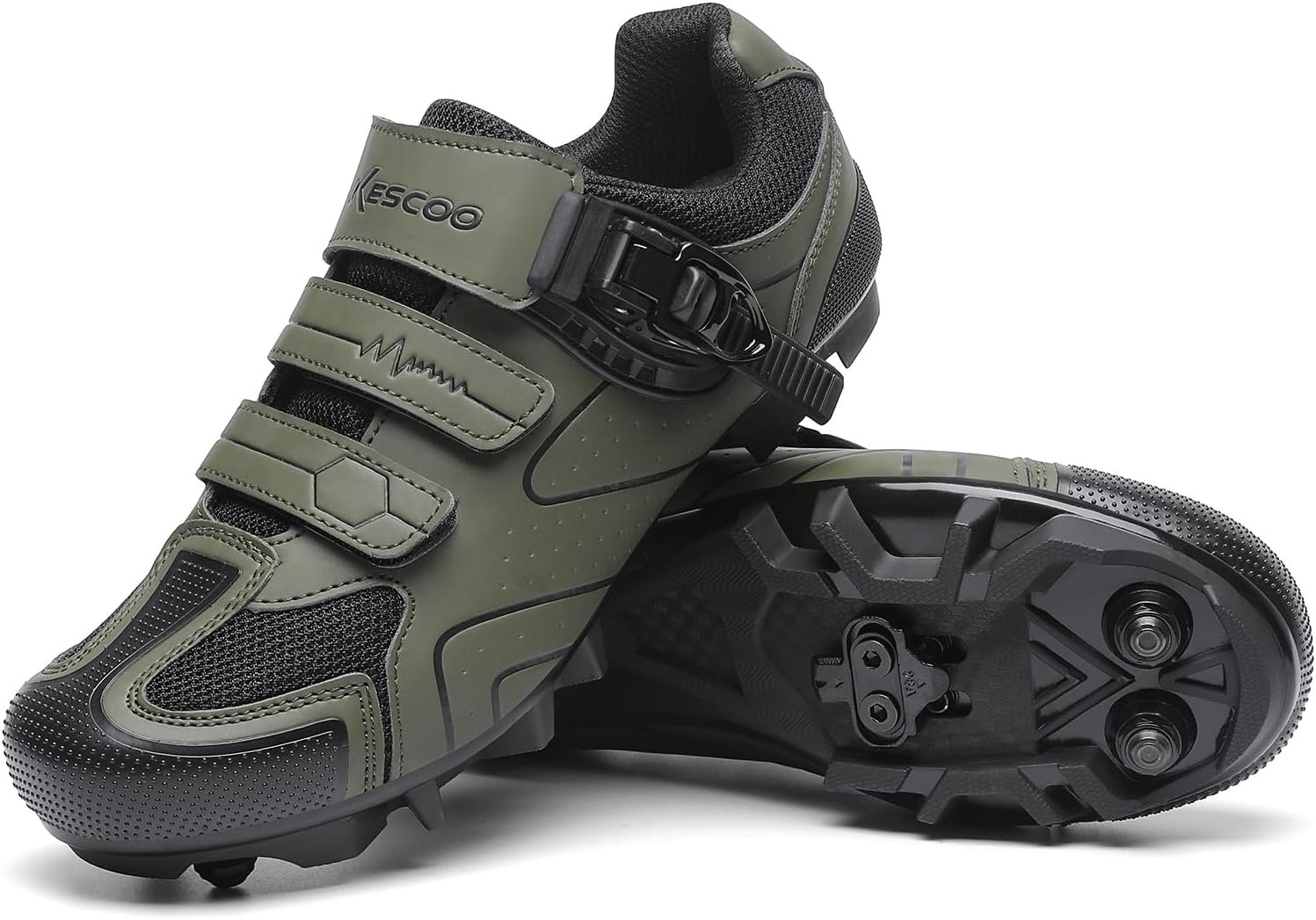 KESCOO Mens Mountain Bike Shoes with 2-Bolts SPD Cleats Included, Cycling Shoes with Quick Ratchet Buckle Indoor Outdoor Riding Biking