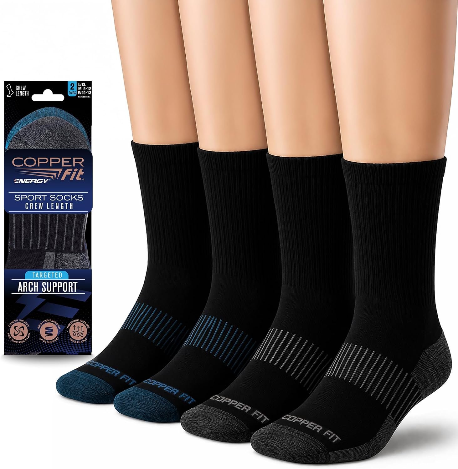 Copper Fit Unisex Crew Length Sport Socks, 2 Pair