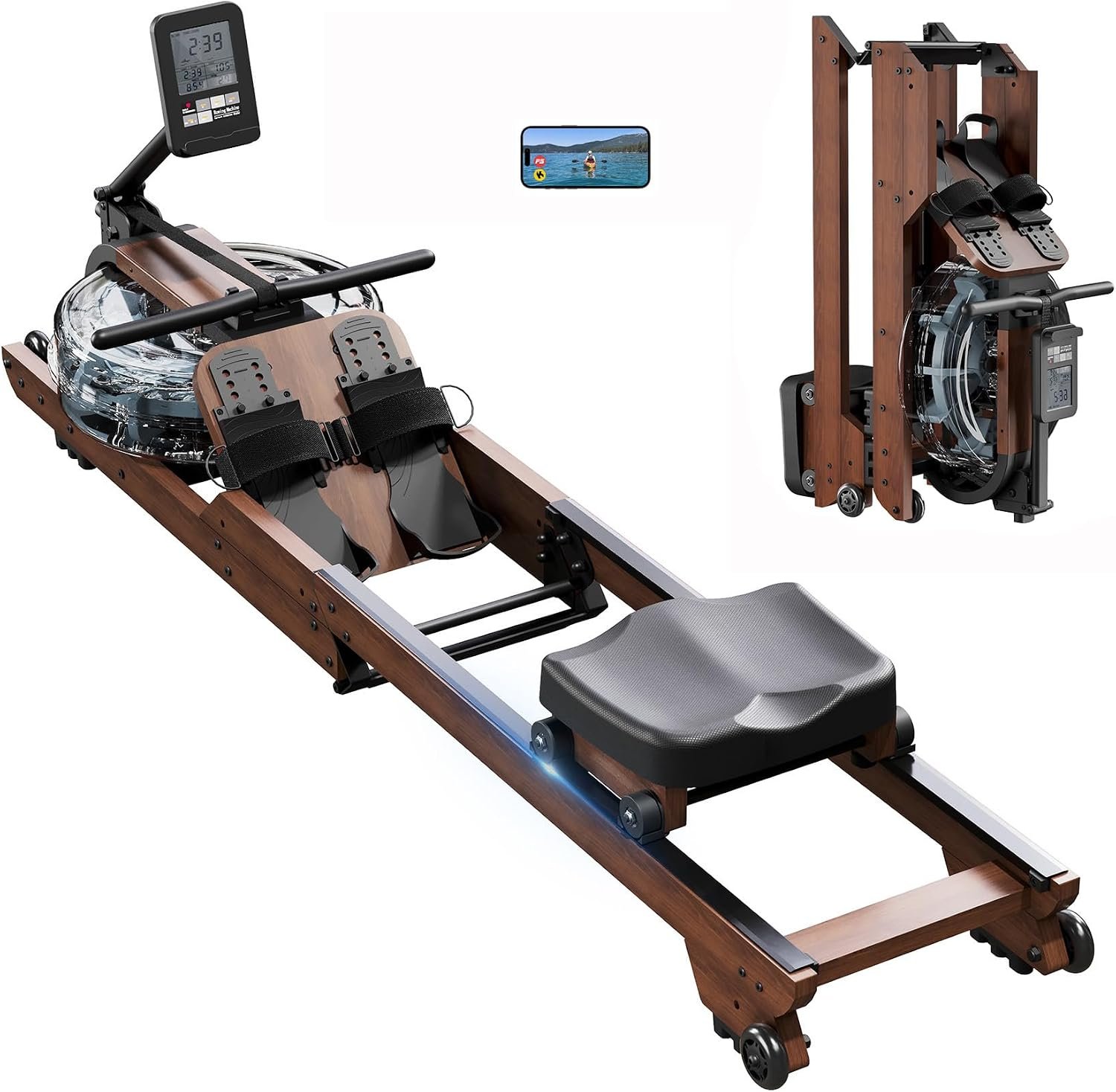 Dripex Water Rowing Machines for Home, Foldable Row Machine with 400LBS Weight Capacity, Rower Machine with Dedicated LCD Monitor, Comfortable Seat, Bluetooth App Compatible for Home Gym Exercise